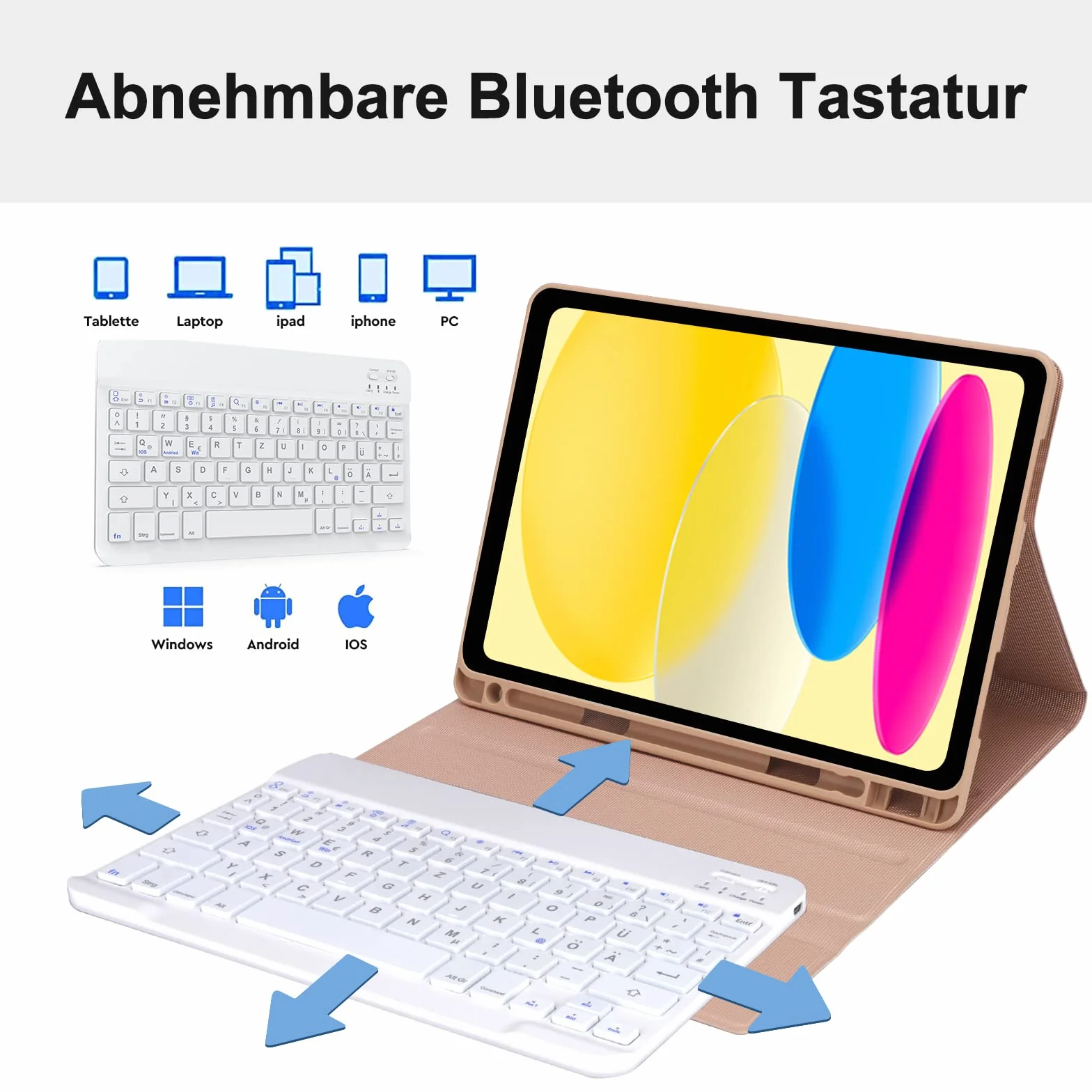 JADEMALL Etui na klawiaturę do iPada 10 generacji 2022, magnetyczna klawiatura QWERTZ Bluetooth, 032JPW-SUGAR-P-DE