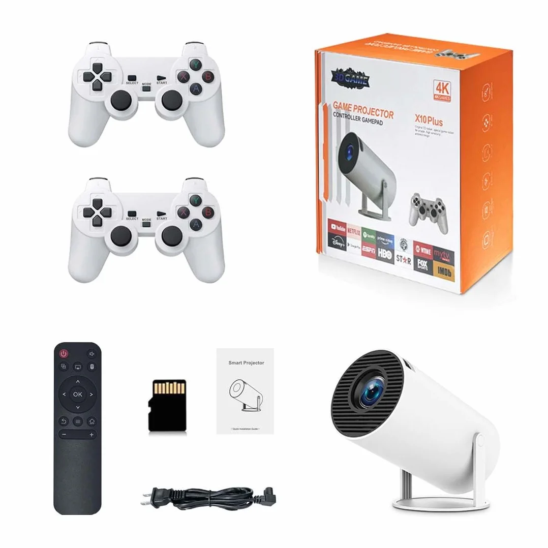 X10 Plus retro konsola do gier z projektorem, projektor do gier 4K retro z 2 kontrolerami bezprzewodowymi, wyjście HDMI, WiFi
