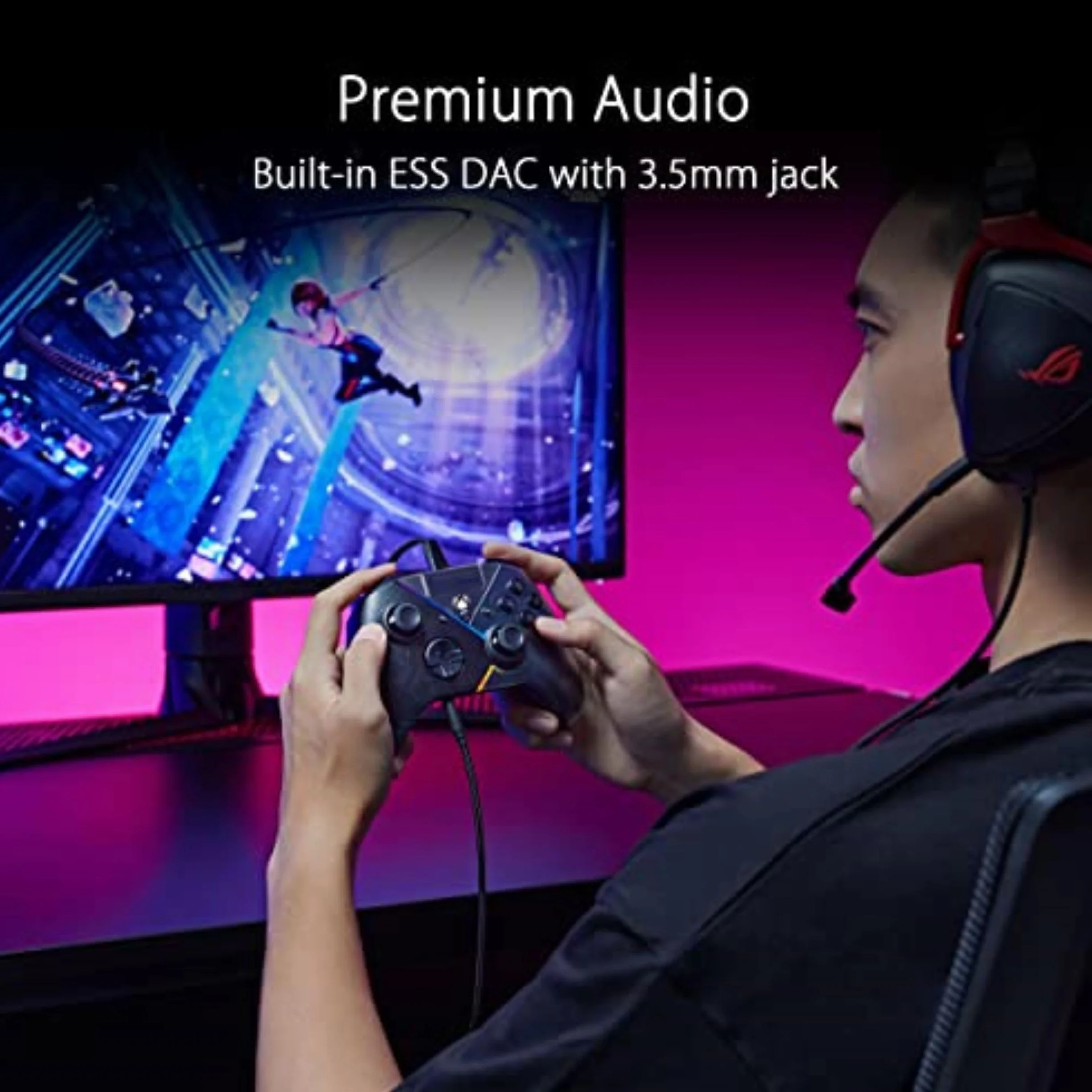 ASUS ROG Raikiri kontroler PC regulowana czułość spustu joysticka przyciski z tyłu oświetlenie Aura RGB ESS DAC gniazdo słuchawkowe 3,5 mm przycisk wyciszania