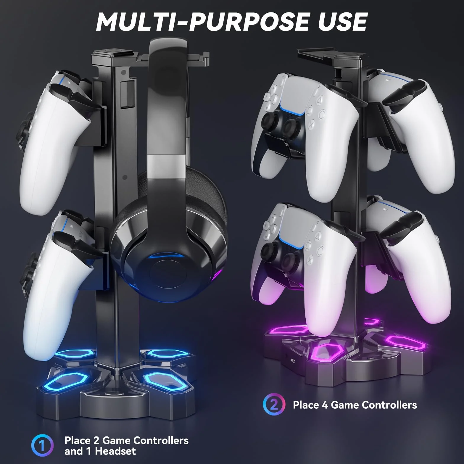 Stojak na Słuchawki Gaming RGB KDD, Obrotowy Stojak na Słuchawki z 9 Trybami Podświetlenia - Uchwyt na Kontroler z 2 Portami Ładowania USB i 3,5 mm - Wieszak na Słuchawki, Akcesoria na Biurko (Czarny)