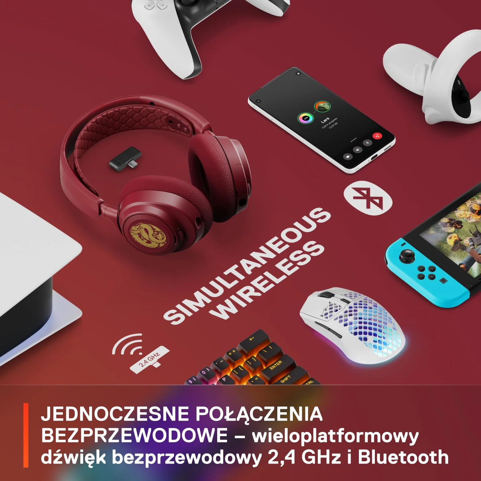 SteelSeries Arctis Nova 7 Wireless - Multi-Platform Gaming Headset - Dragon Edition - głośniki + nakładki - Podwójna łączność 2,4 GHz, Bluetooth - bateria 38 HR Fast Charge - PC, PS, komórki, Switch