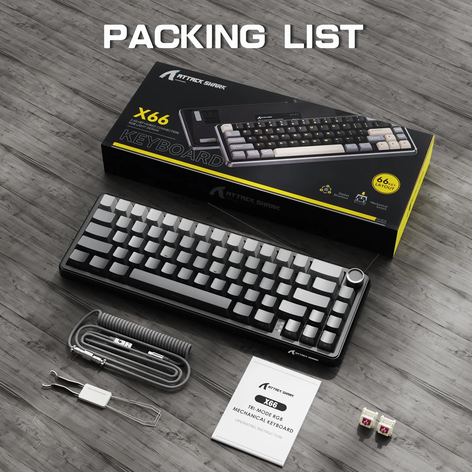 LexonElec x Attack Shark X66 60% Bezprzewodowa Klawiatura Mechaniczna z Pokrętłem Głośności, Hot-swap Gasket Mount, 2.4G/USB-C/BT5.0, QWERTY PBT Keycaps, Mini 66 Key Klawiatura do gier RGB-Szary