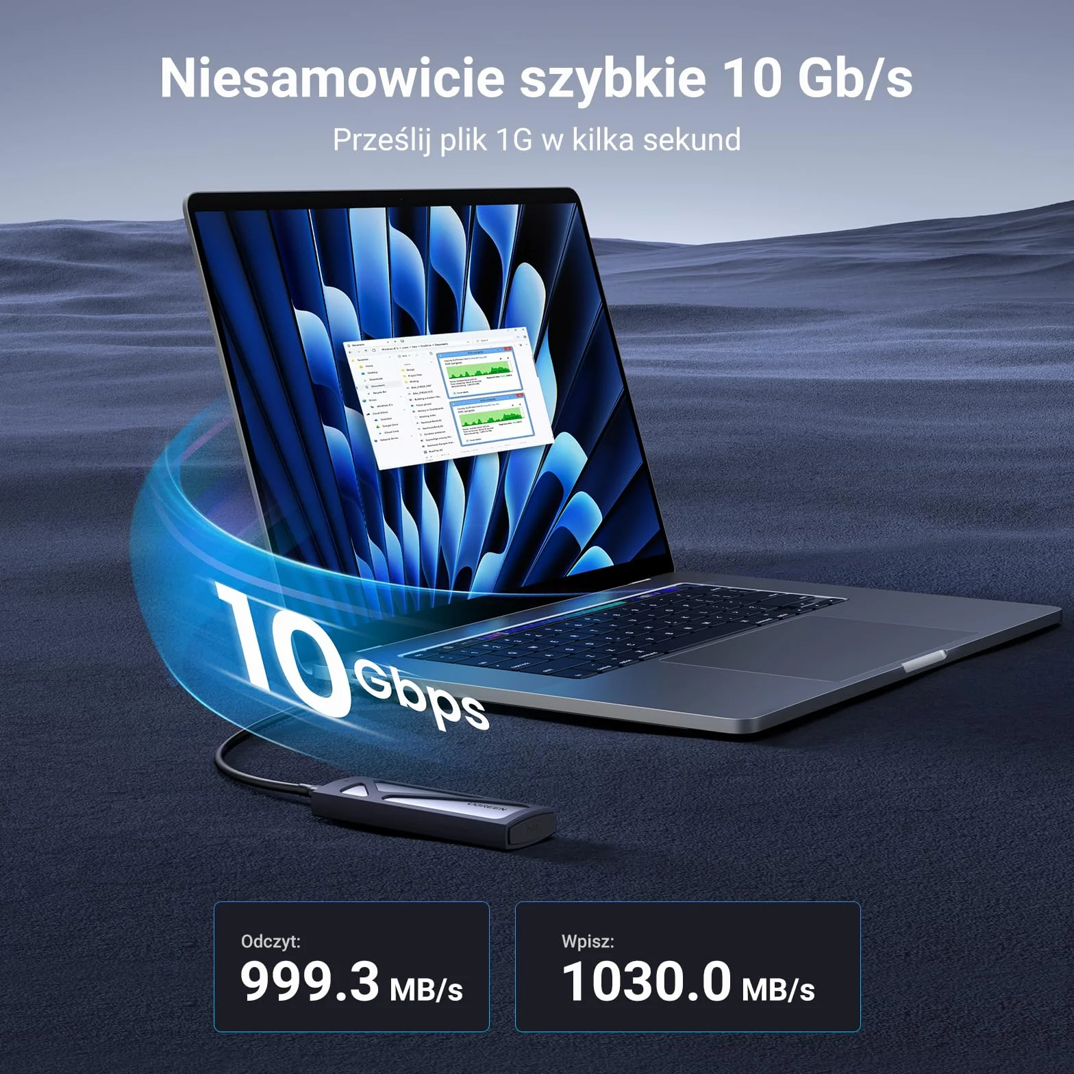 UGREEN Obudowa NVMe M.2 USB 3.1 SSD 10 Gb/s Obudowa M.2 na NVMe PCIe M-Key/M+B Key w 2230/2242/2260/2280 z Kablami USB C do C i USB A do C