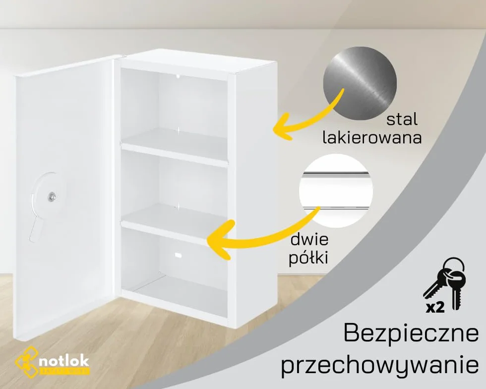 wisząca szafka medyczna + 3 Półki | 2 Klucze | 39x24x11 cm | Szafka na Leki i Pierwszą Pomoc | Stalowa, DIN EN ISO 7010, DIN 67510
