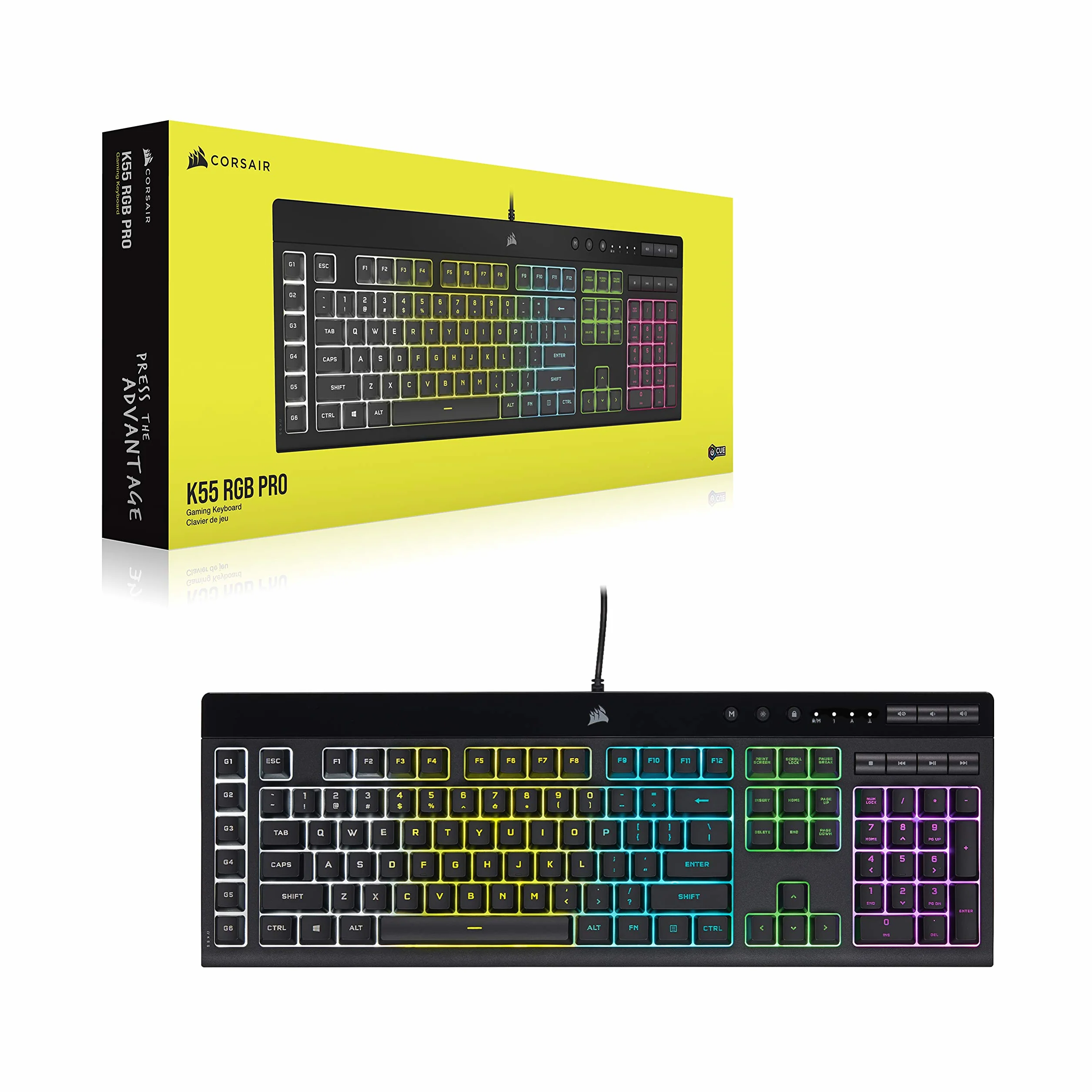 CORSAIR K55 RGB PRO przewodowa klawiatura do gier, IP42, odporna na kurz i zalanie, 6 klawiszy makro z integracją Elgato, kompatybilna z iCUE, QWERTY UK, PC, Mac, Xbox, czarna