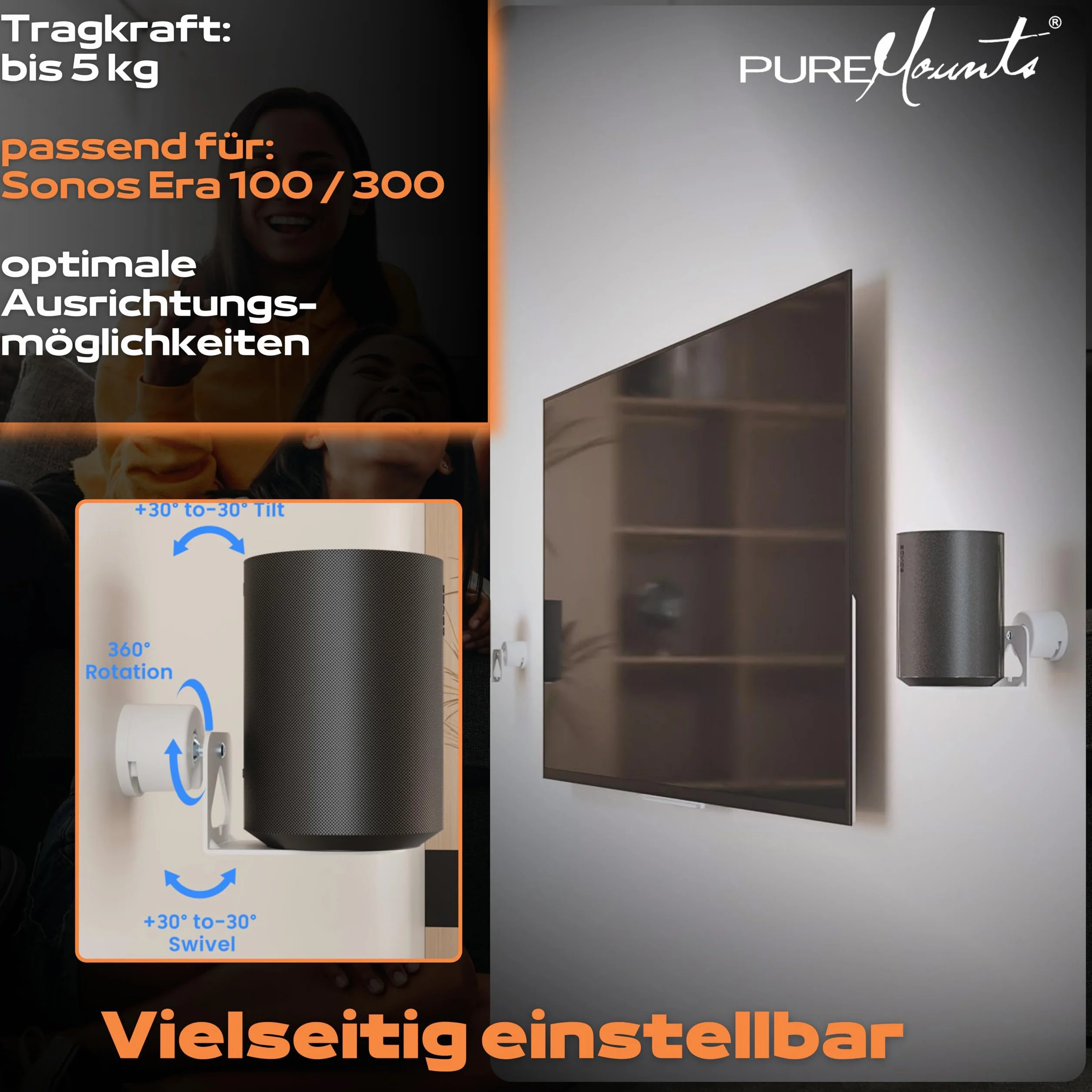 PureMounts Uchwyt głośnikowy do Sonos Era 100 i 300, uchwyt ścienny do głośników z systemem zarządzania kablami, obracany +/- 30°, przechylany 0/-30°, nośność 5 kg, biały