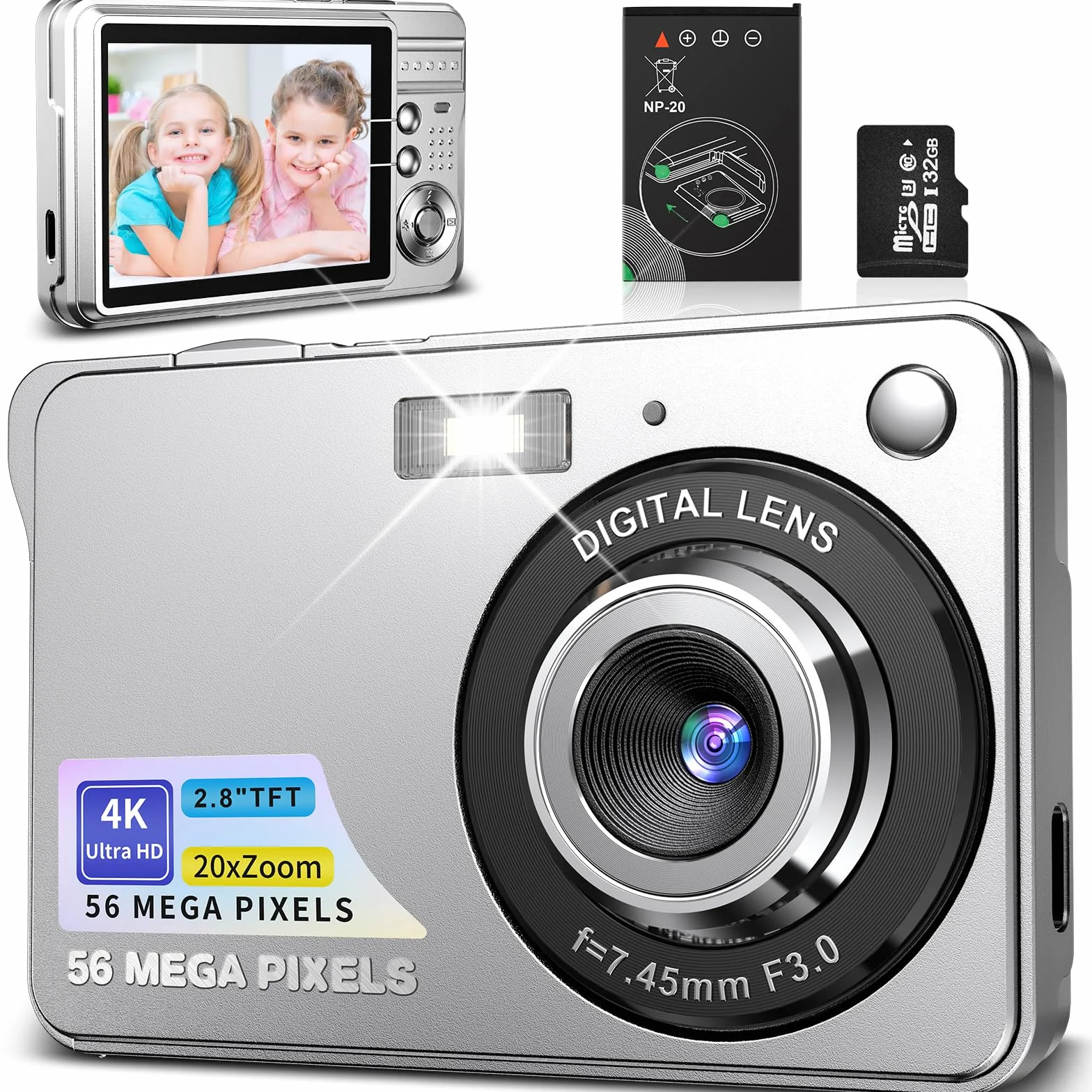 Aparat cyfrowy 50 MP 1080p FHD z autofokusem, 16 x zoom cyfrowy, przenośny, kompaktowy aparat z kartą SD 32 GB, dla dzieci, nastolatków, początkujących, prezent (kolor srebrny)