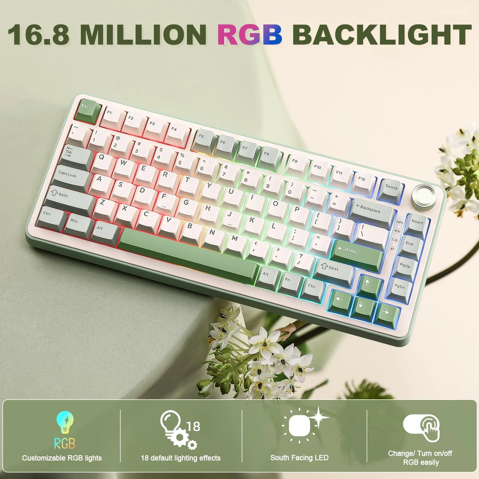 YUNZII B75 PRO Bezprzewodowa Klawiatura Mechaniczna,75% Uszczelka Klawiatury Do Gier Hot Swap Keyboard Z Pokrętłem, BT/Type-C/2.4G Kremowa Klawiatura (zielony, Cocoa Cream V2 Switch)