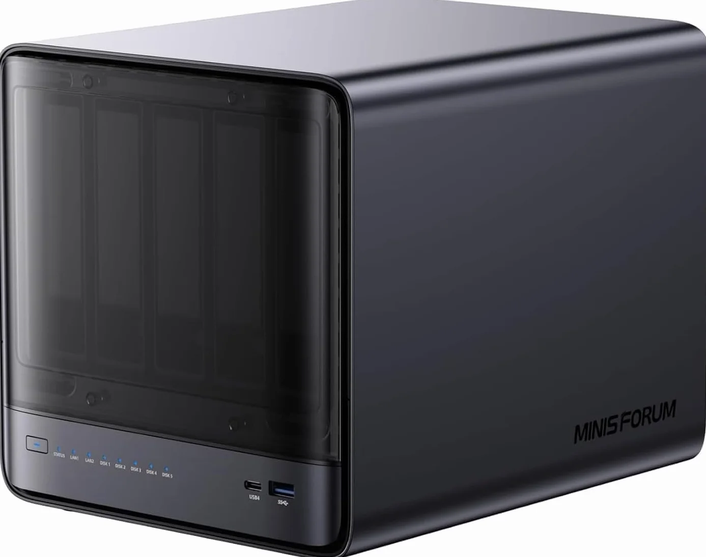 MINISFORUM N5 Air 5-Bay Desktop NAS, AMD Ryzen 7 255, procesor 8C/16T, Radeon 780M, 64GB SSD, 3 × M.2 NVMe, 10 GbE + 5 GbE, porty OCuLink i USB4, gniazdo rozszerzeń PCIe x16 (bez HDD)