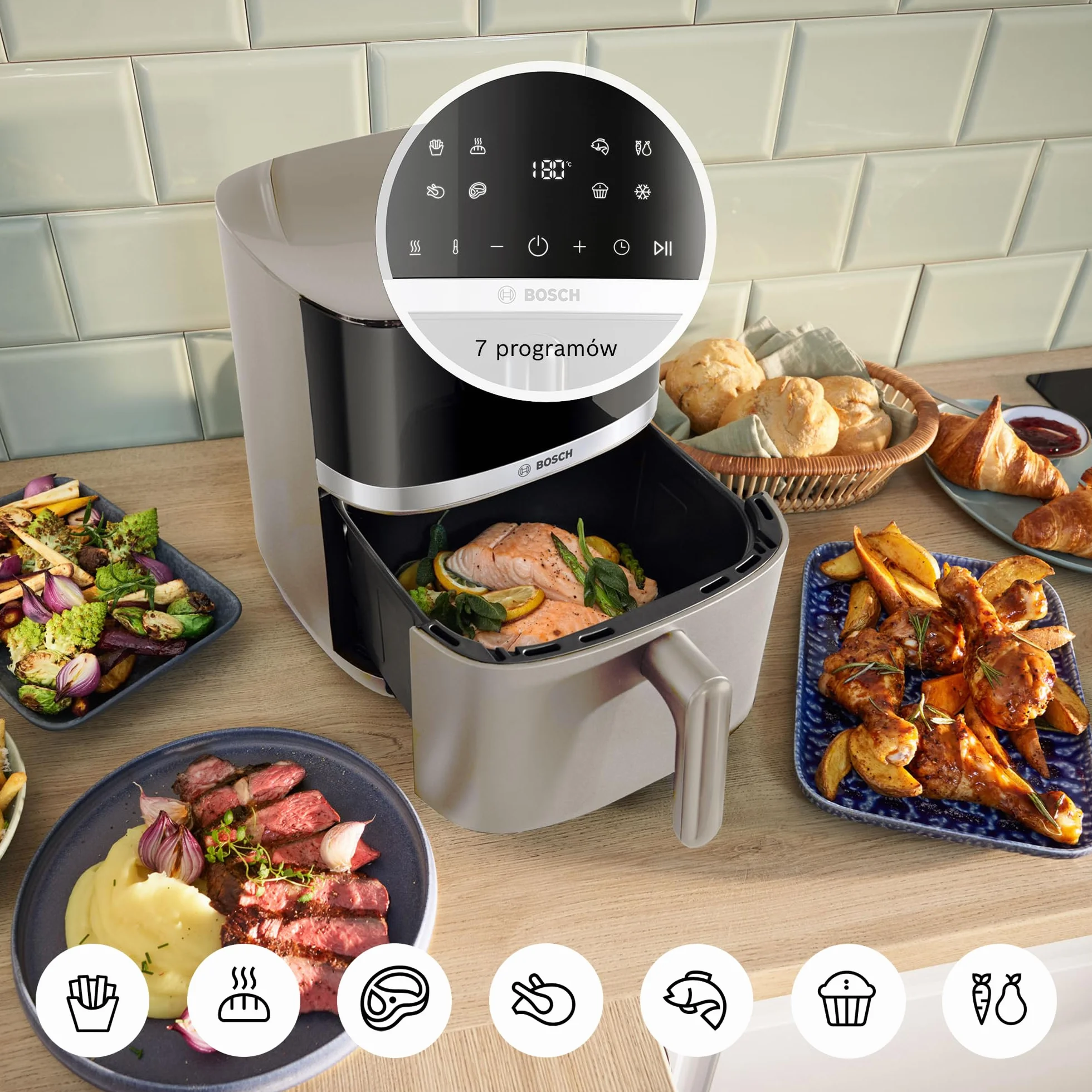 Bosch Air Fryer Serie 4 XL, MAF462C0, 6,1 l, 7 automatycznych programów, dwa elementy grzewcze, funkcje rozmrażania i podtrzymywania ciepła, ekran dotykowy, do 60% szybsze gotowanie, satynowy beżowy