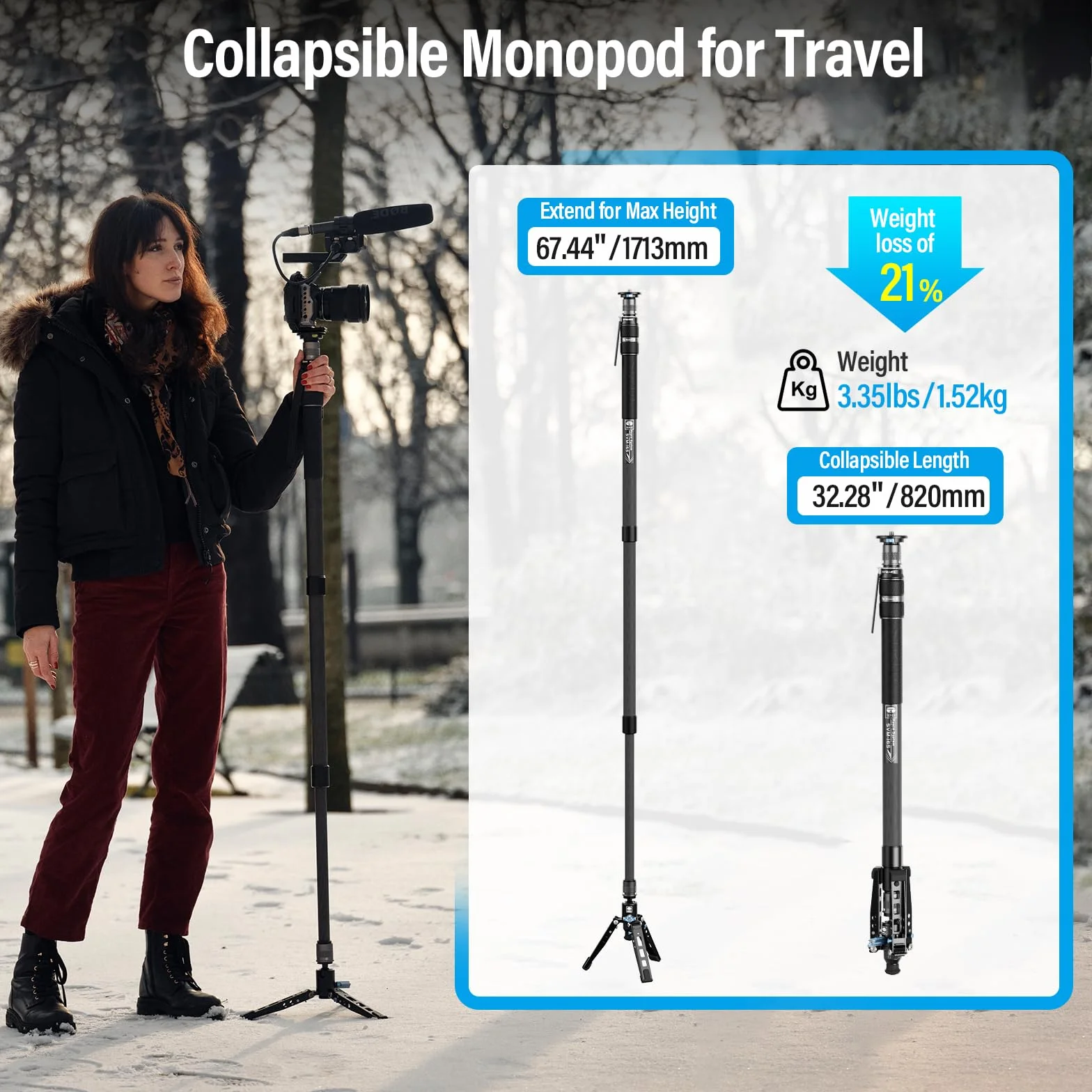 SIRUI SVM-165 Monopod do aparatu fotograficznego, monopod z włókna węglowego 165 cm ze zdejmowaną podstawą statywu, profesjonalny monopod do lustrzanki cyfrowej, kamery, maksymalne obciążenie 10 kg