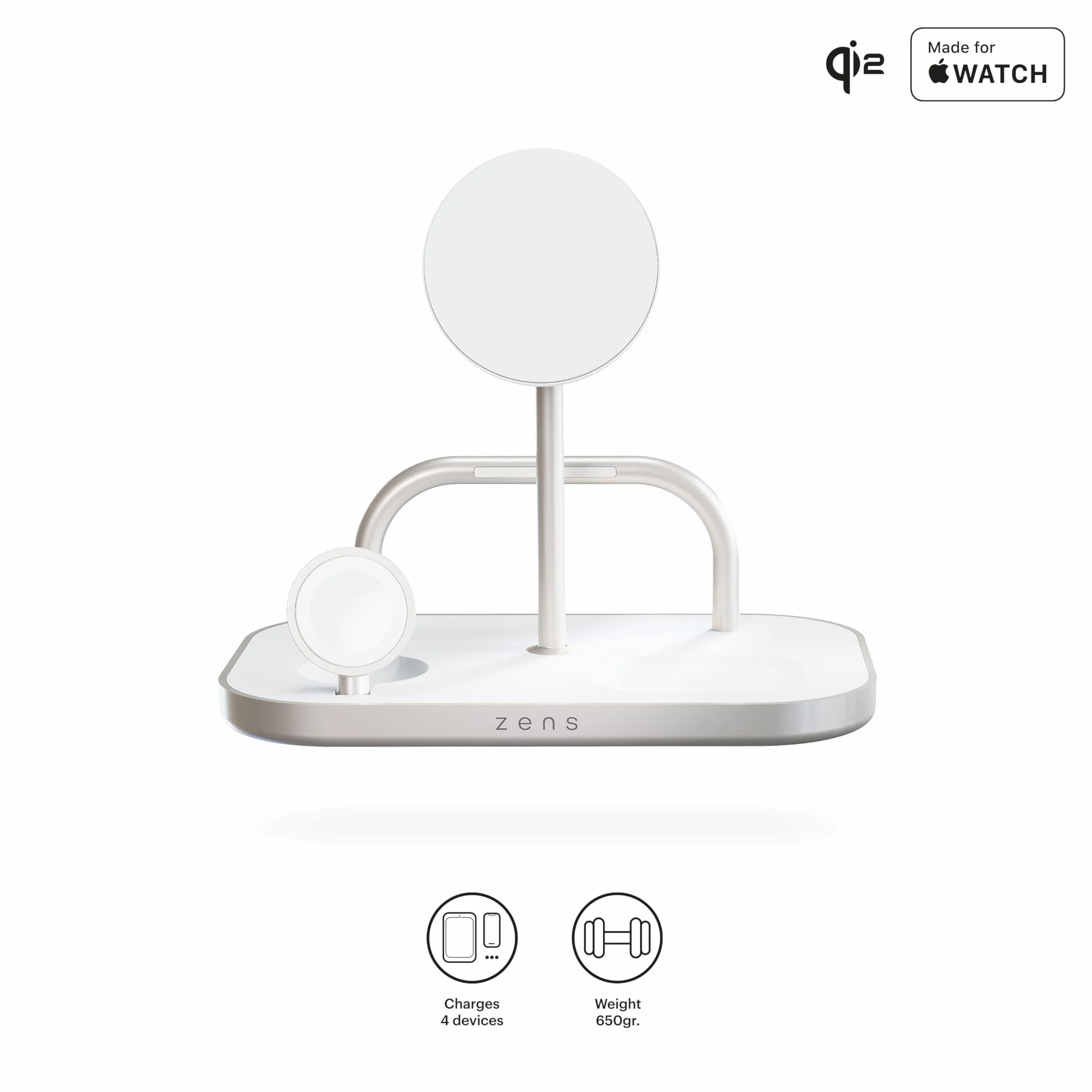 Zens 4-in-1 Wireless Charger, bezprzewodowa ładowarka MagSafe i Qi2 o mocy 15 W do telefonów iPhone/Apple Watch/AirPods, zawiera zasilacz 65 W (EU/UK/US) i wbudowany kabel o długości 1,5 m, Biały