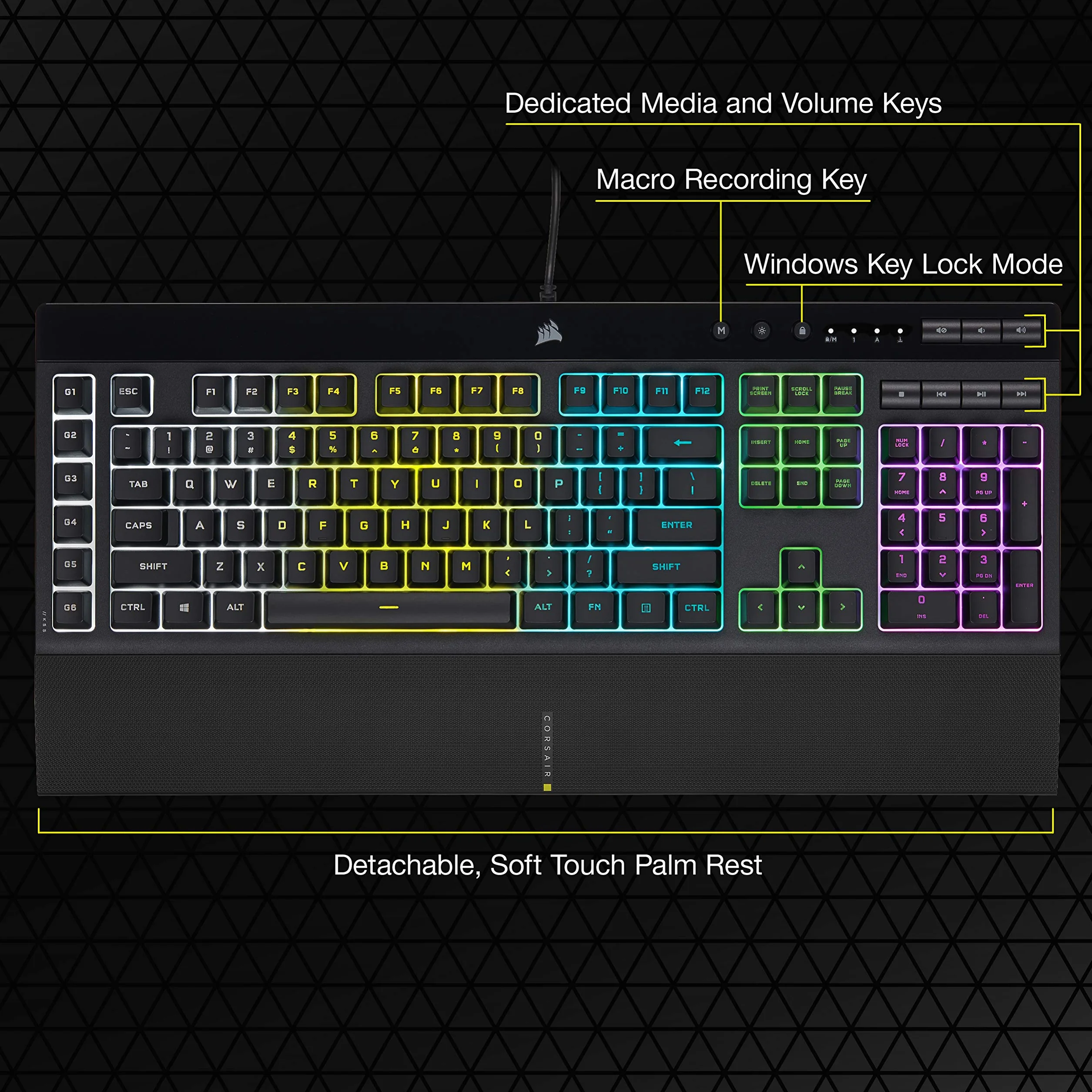 CORSAIR K55 RGB PRO przewodowa klawiatura do gier, IP42, odporna na kurz i zalanie, 6 klawiszy makro z integracją Elgato, kompatybilna z iCUE, QWERTY UK, PC, Mac, Xbox, czarna