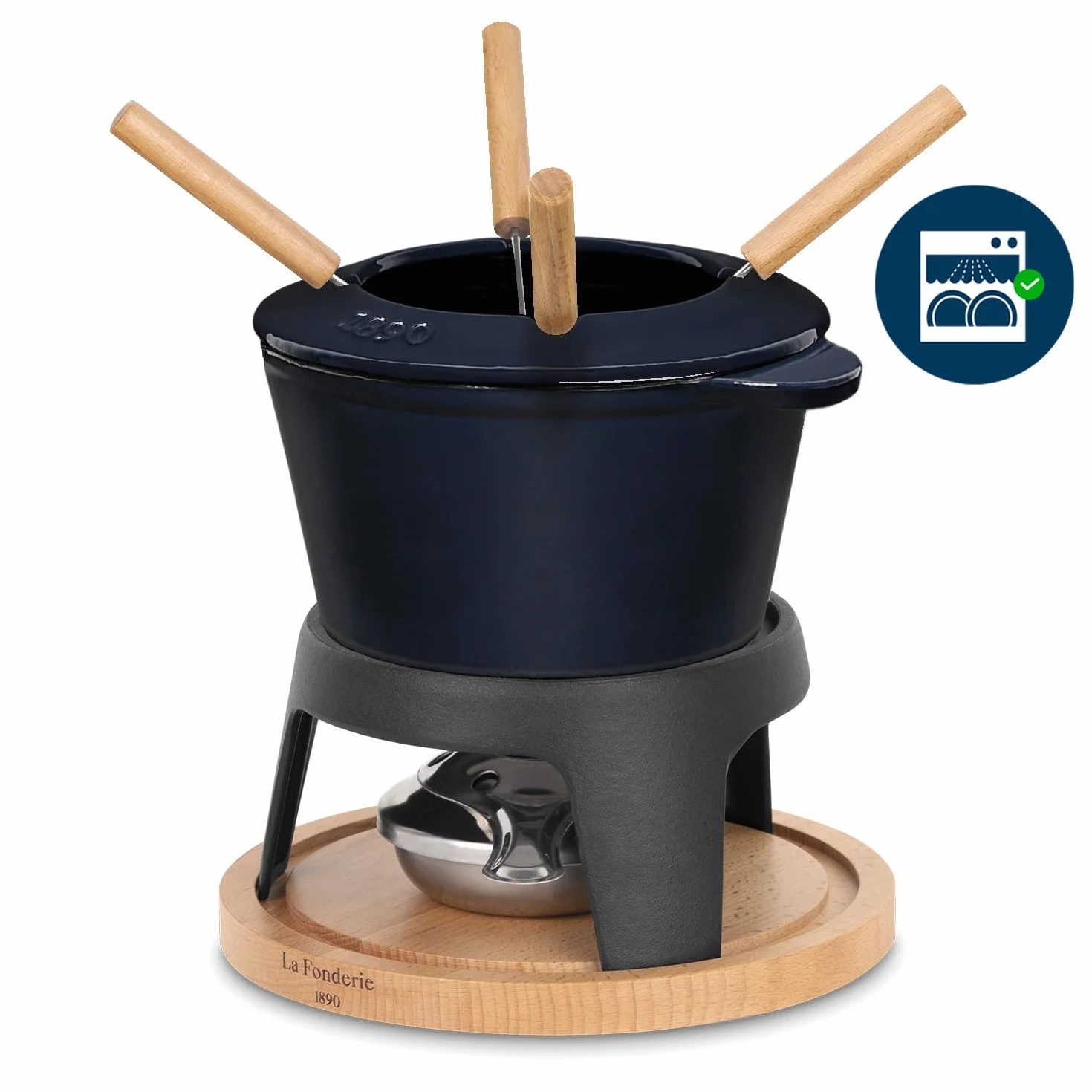 Żeliwny zestaw do fondue 4-osobowy 1,2 L z drewna bukowego