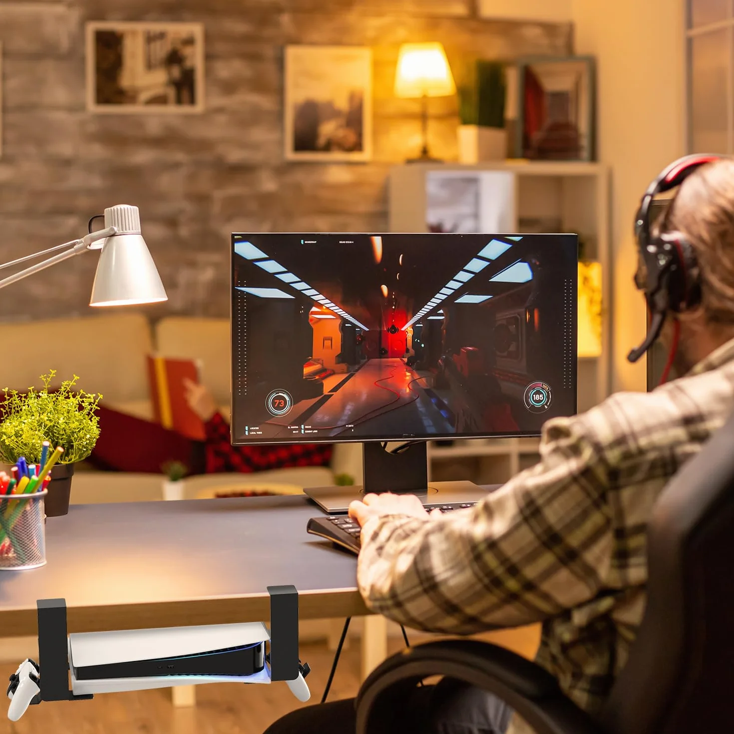 Regulowany stojak na PS5 z uchwytami na kontroler, stalowa podstawka kompatybilna z PlayStation 5 edycją dyskową i cyfrową