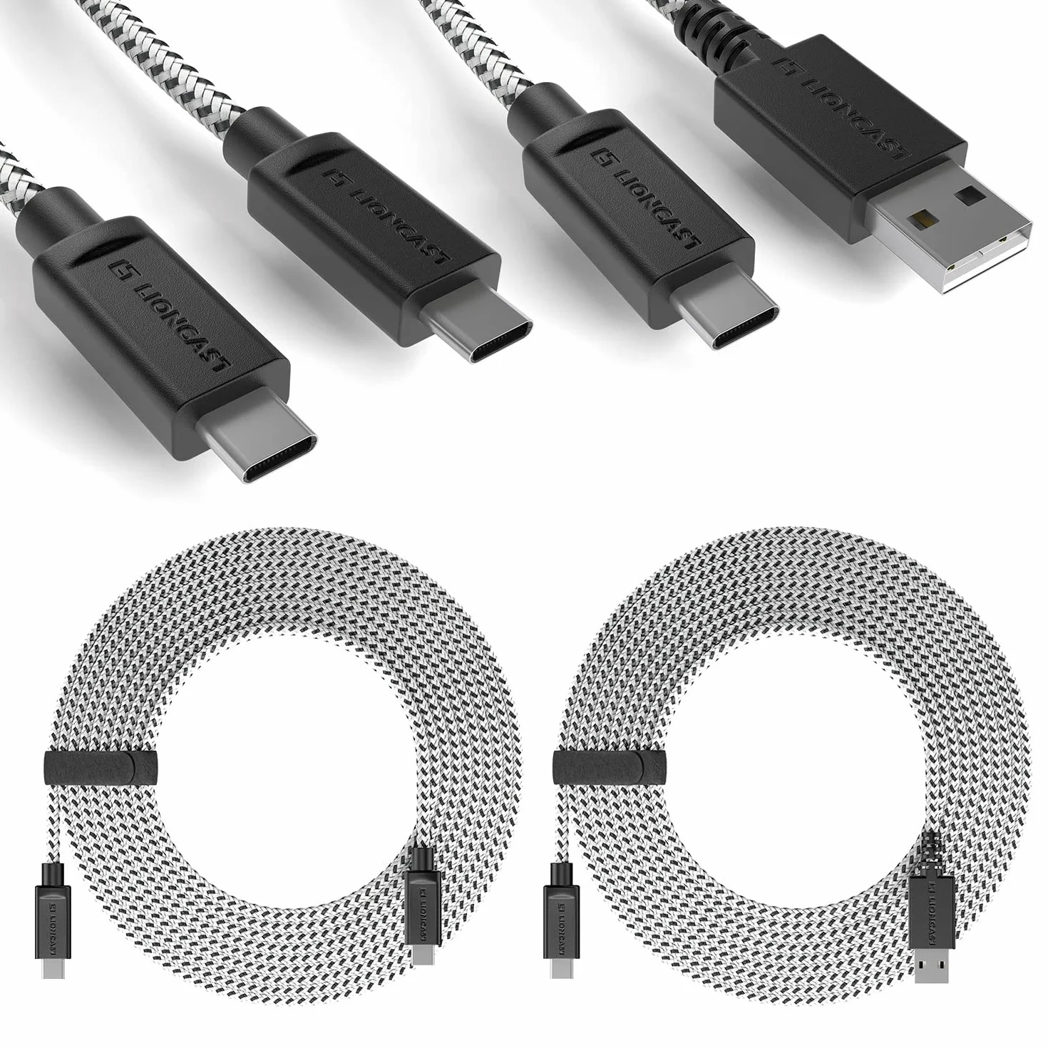 Lioncast 4 m PS5 kabel do ładowania do kontrolera Playstation 5, 4 metry, kabel do szybkiego ładowania do Sony Playstation, zestaw (2 szt.), czarny/biały (1 x USB-C na USB-A i USB-C)