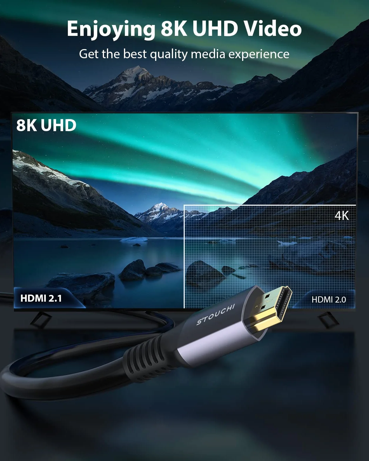 Stouchi 8K HDMI 2.1 kabel 5 m, CL3 In Wall Plenum-Rated High Speed Ultra HD 48 Gbps 8K60 4K120 eARC HDR10 4:4:4 HDCP 2.2&2.3 Dolby kompatybilny z PS5 Xbox Series X