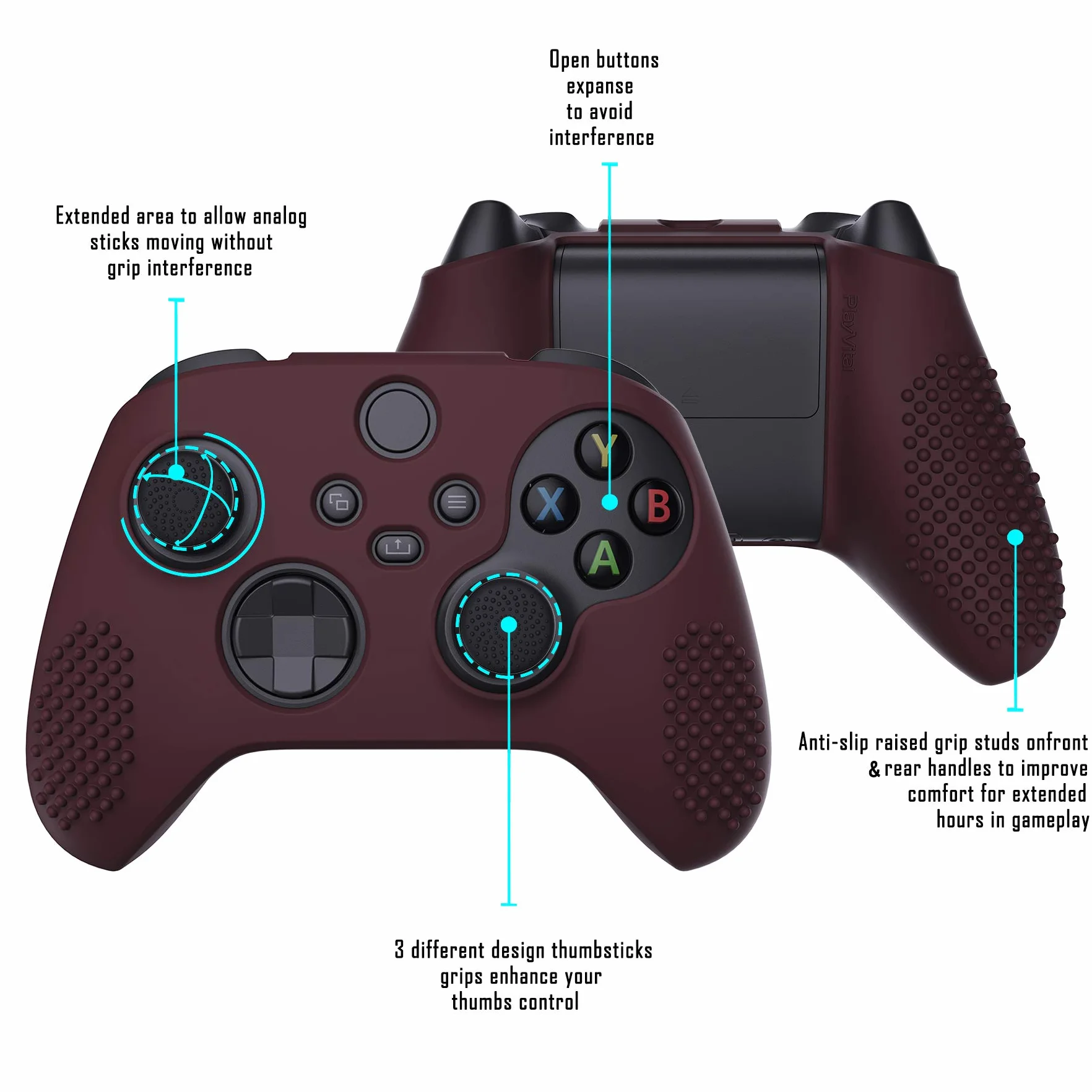 eXtremeRate PlayVital Antypoślizgowe Pokrowiec Ochronny do Xbox Series X S Kontrolera,Miękka Gumowe Ochraniacz Skóry do Xbox Series S X,Silikonowe Etui z 6 szt Nakładkami Joysticka-Wino Czerwone