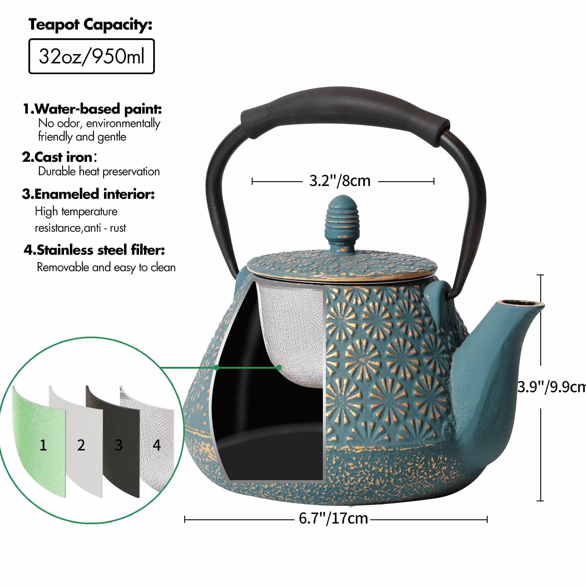 Sakura emaliowany japoński żeliwny dzbanek do herbaty 950 ml z zaparzaczem do herbaty liściastej i kawy, silikonowy uchwyt, bezpieczny do kuchenki, 32 uncje niebieski