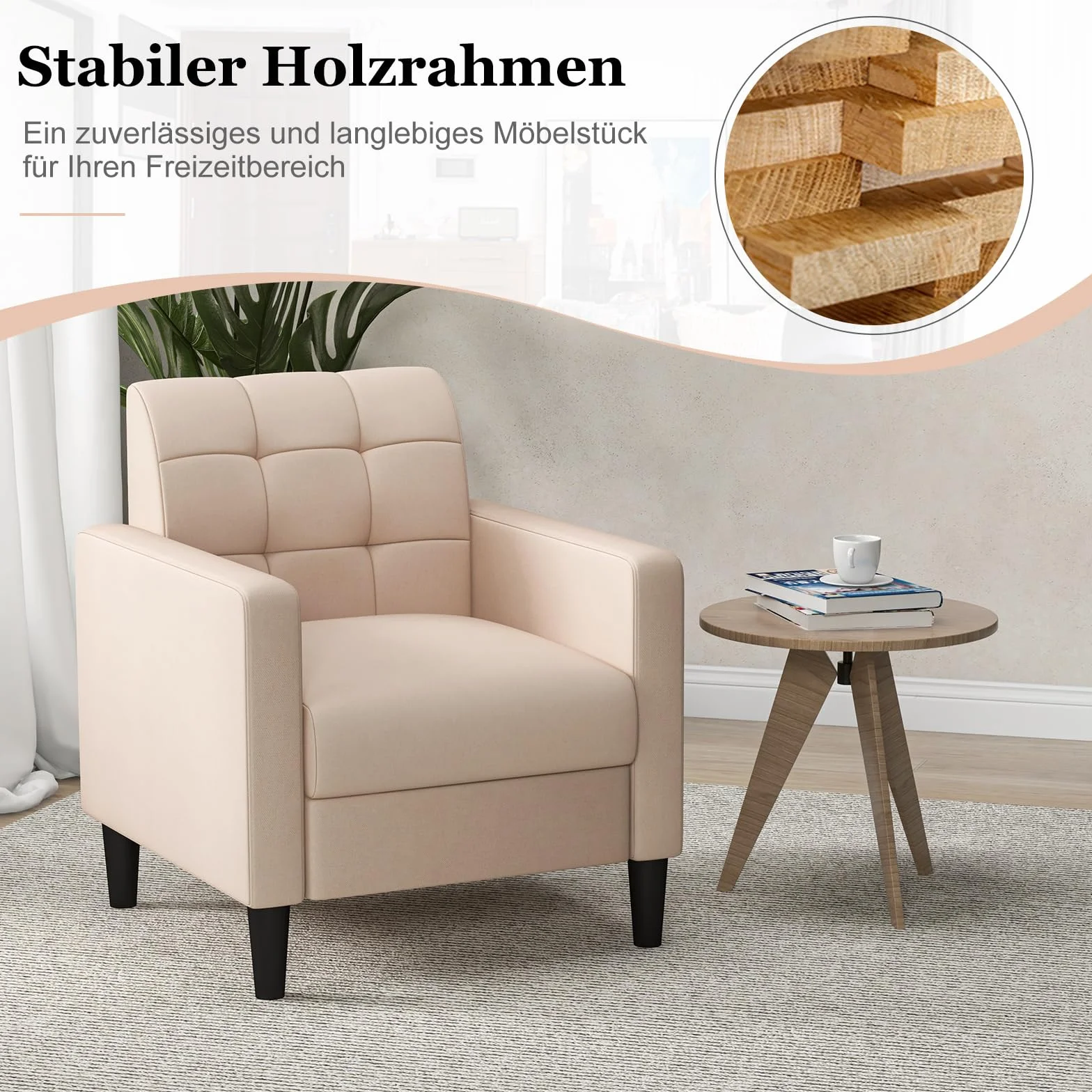 COSTWAY Nowoczesny fotel relaksacyjny, z aksamitu w stylu Mid-Century, tapicerowany fotel z tuftowanym oparciem, podłokietnikami i drewnianymi nogami do salonu, sypialni i biura domowego, beżowy