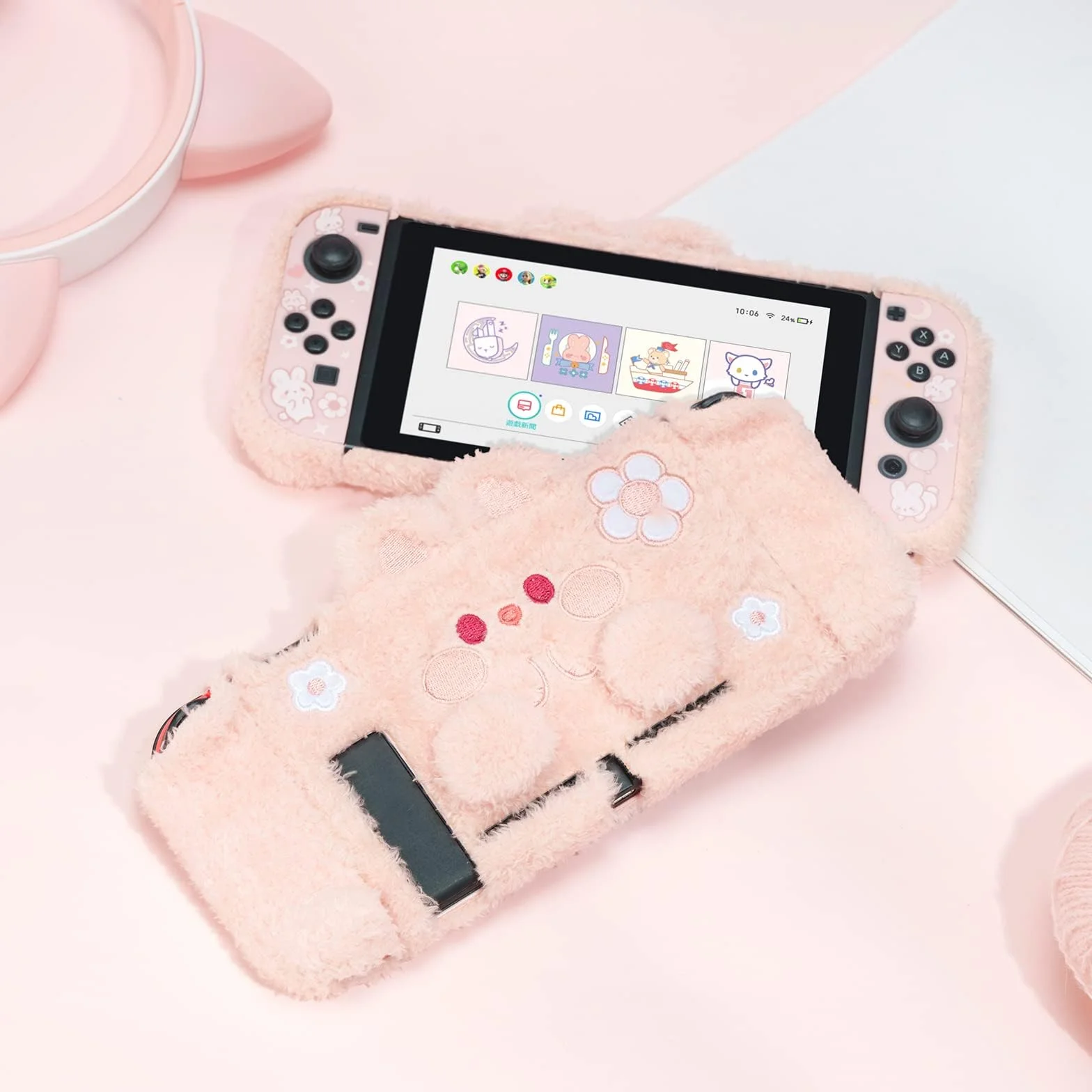 GeekShare Śliczne pluszowe etui ochronne do Switch/OLED - amortyzujące wstrząsy, odporne na zarysowania, skórzane, pluszowy królik (do Switch 2017)
