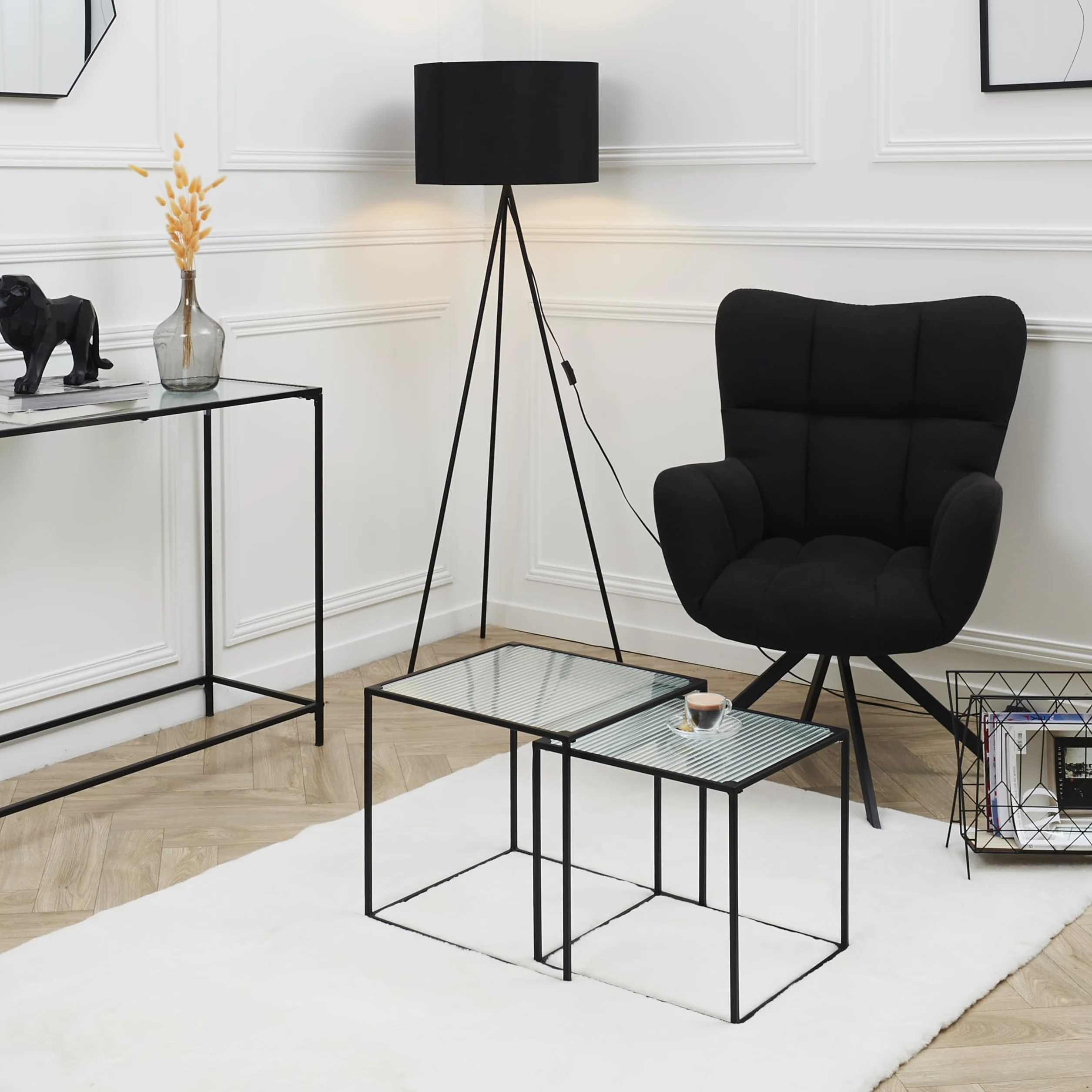 HOME DECO FACTORY HD7195 Stół Gigogne Tekstura X2 Appoint Salon, Metal, Czarny-Szkło, 40x38x40 cm