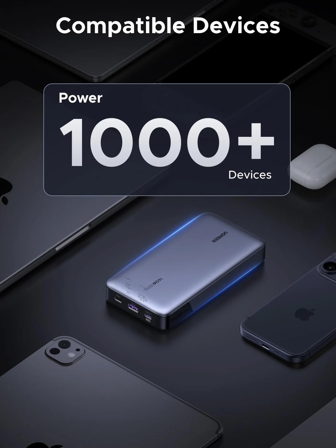 UGREEN Power Bank 140W Zewnętrzna bateria 145W Max 25000mAh z 3 portami USB C z cyfrowym wyświetlaczem, kompatybilny z MacBookiem Pro/Air, iPhonem 15 Pro Max/Pro/15/14 Pro, Galaxy S23 Ultra, Dell