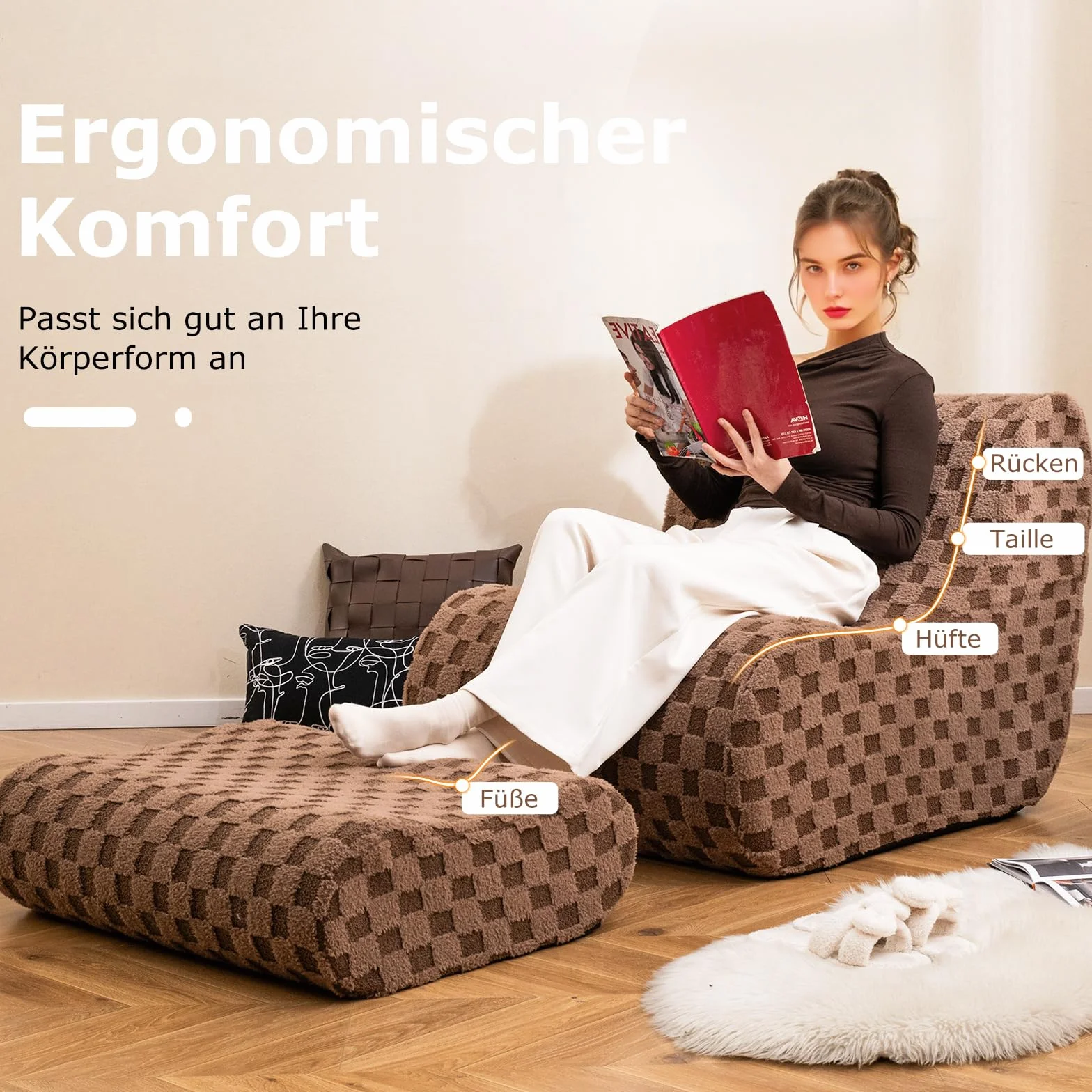 COSTWAY Worek do siedzenia z taboretem, worek do siedzenia dla dorosłych, z bardzo elastyczną gąbką i aksamitnym pokrowcem z pluszu, fotel podłogowy, fotel do salonu, sypialni, czytelni (brązowy)
