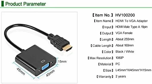 Adapter HDMI na VGA, uniwersalny adapter, konwerter wtyczka na gniazdo, 1080P do tabletu, komputera, laptopa, czarny