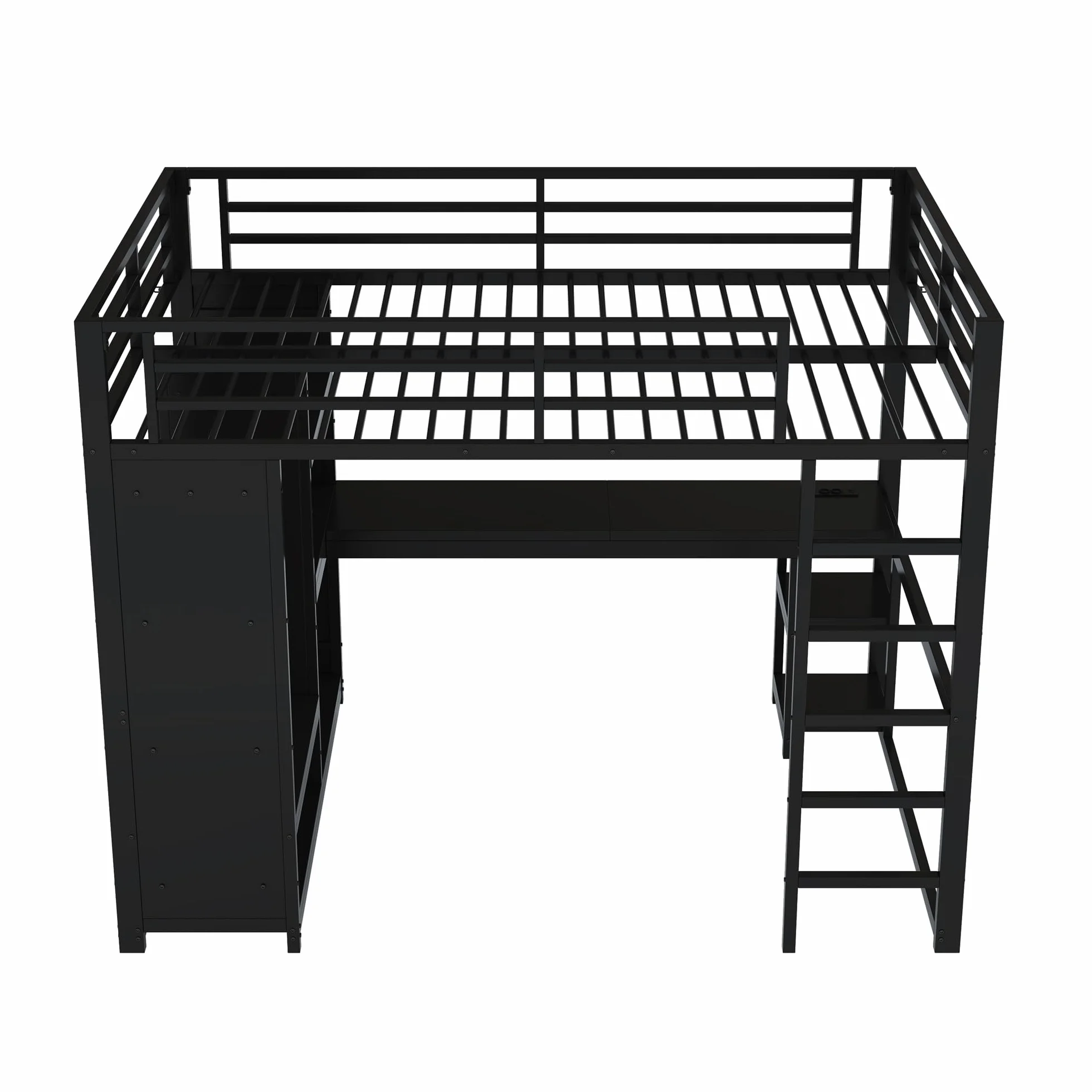 Metalowe Łóżko Piętrowe 140x200 cm z Efektem LED, Łóżko z Biurkiem i Prostymi Schodkami, Otwartą Szafą na Ubrania i Wieloma Przegrodami, Łóżko dla Młodzieży w Stylu Gamingowym, Czarne