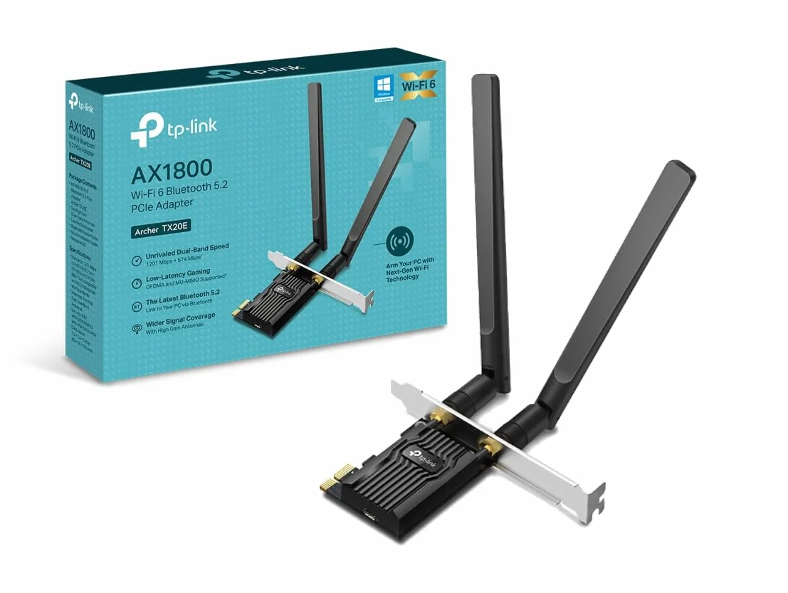 TP-Link Karta WiFi 6 PCIe AX1800 Archer TX20E, Bluetooth 5.2, adapter sieciowy bezprzewodowej z 2,4 GHz, 5 GHz, podwójne anteny o wysokim wzmocnieniu, WPA3, Windows 11/10