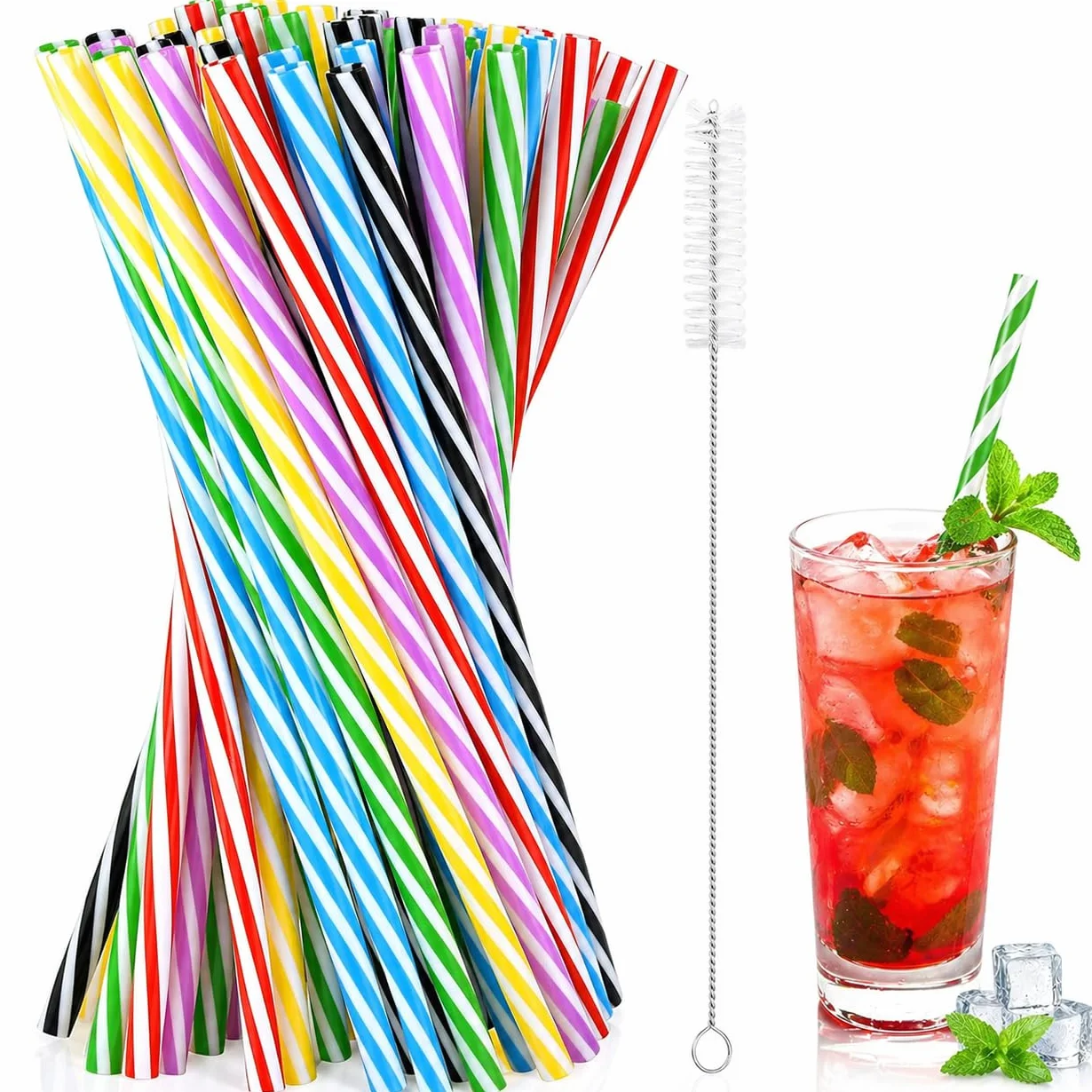 60sztuk słomek wielokrotnego użytku, plastikowe słomki ze szczotką słomkową, do koktajli, soków, koktajli i gorących napojów (długość 9,06 cala, średnica 0,28 cala)