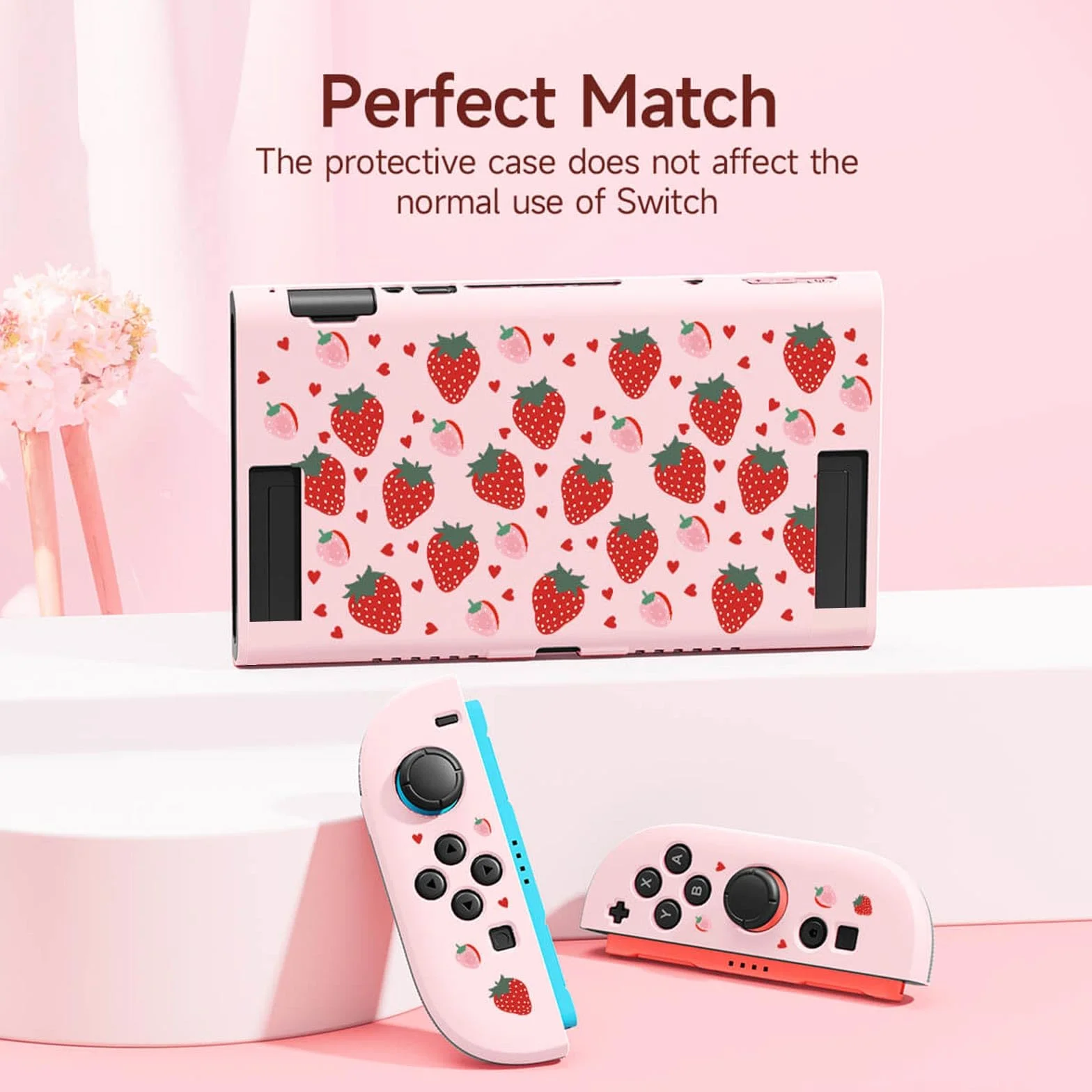 JEMDO Etui ochronne kompatybilne z Nintendo Switch 2 (2025) – odporne na uderzenia i ergonomiczne etui TPU z antypoślizgowym uchwytem, różowe wzornictwo z truskawkami – dla dziewcząt i fanów Kawaii