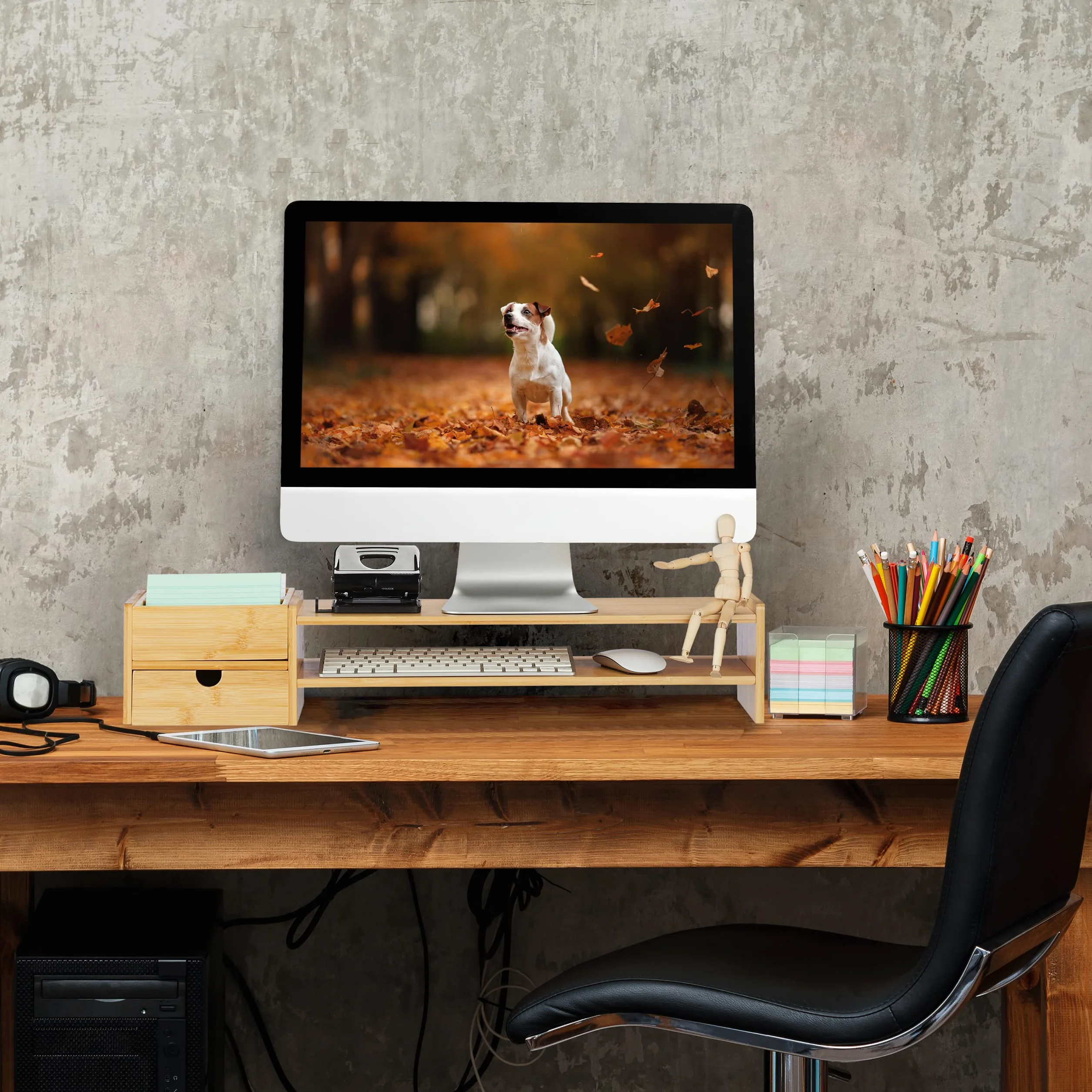 Relaxdays Stojak na monitor, bambus, szuflada i 5 przegródek, wys. x szer. x gł.: 13 x 70 x 19 cm, stojak na ekran biurko, naturalny