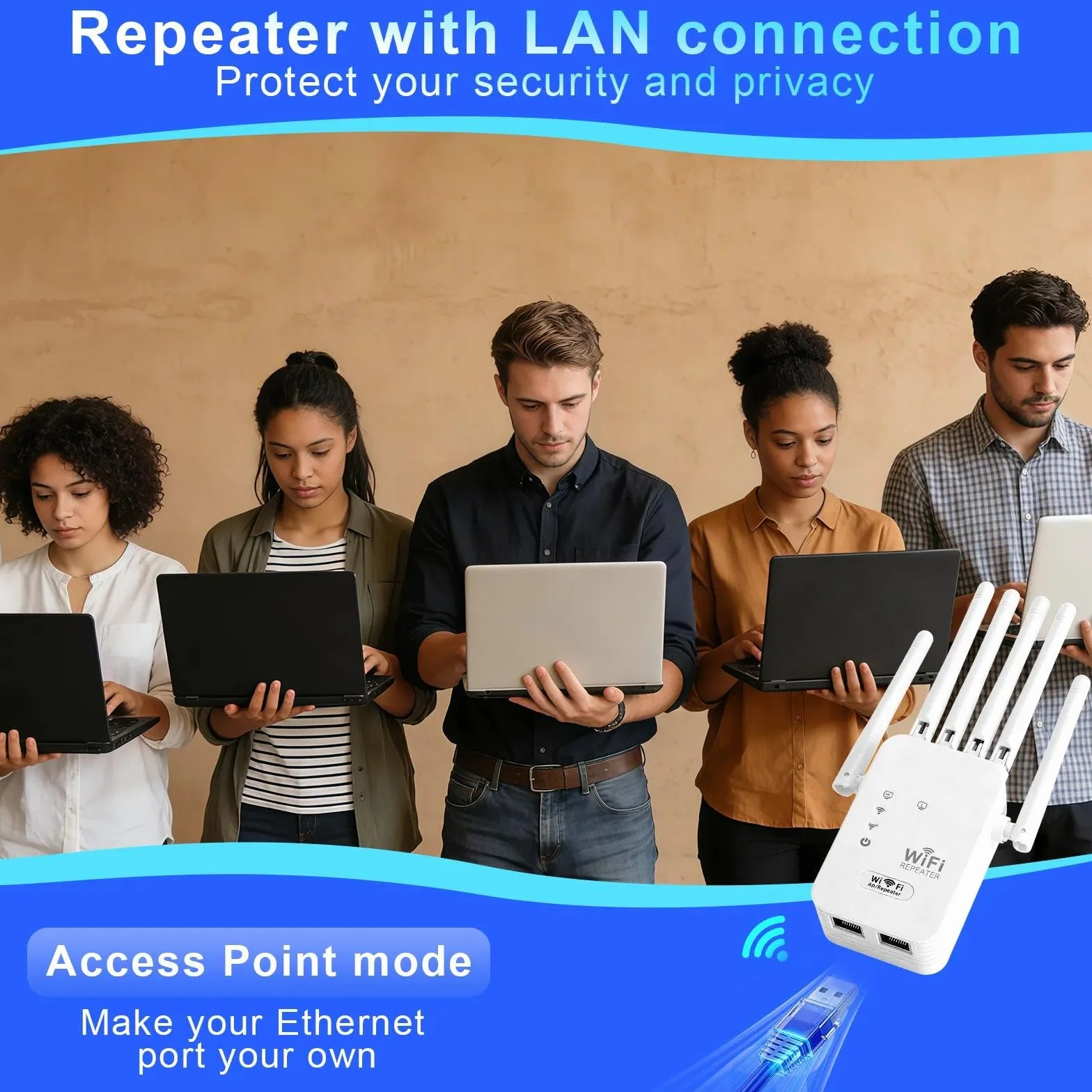 Wzmacniacz WLAN Repeater, wzmacniacz WiFi 300 Mbps, wzmacniacz WiFi z 6 antenami, łatwa konfiguracja, przedłużacz zasięgu WiFi z portem LAN/WAN, kompatybilny ze wszystkimi routerami WLAN