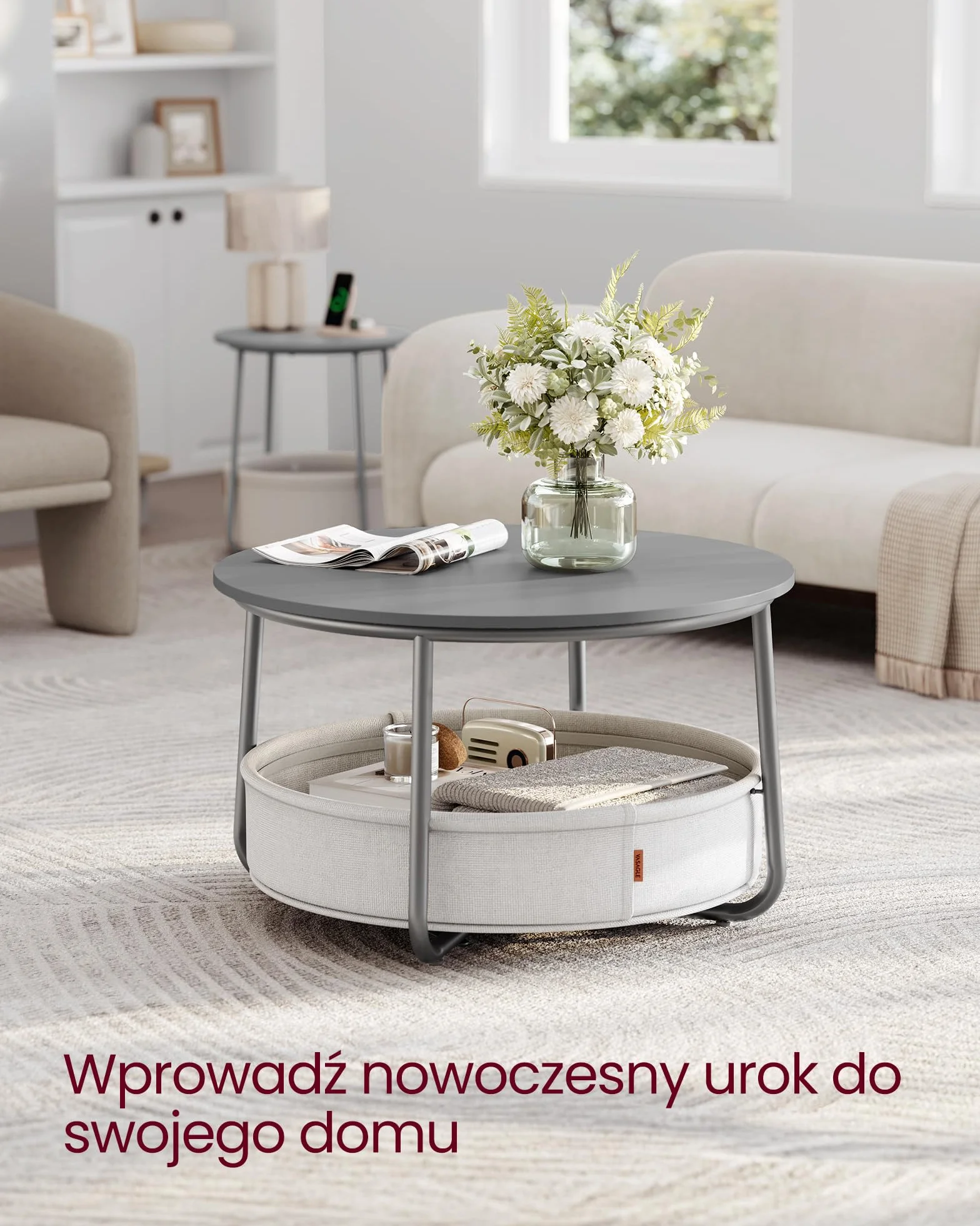 VASAGLE Okrągły stolik kawowy z materiałowym koszem, metalowa rama, cementowo-szary i kremowo-biały LCT244G01