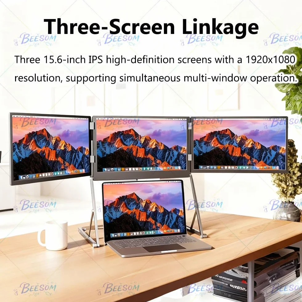 Rozszerzenie ekranu laptopa Quad Screen Extender, 14-calowy przenośny monitor HD 1080p Triple, automatyczna regulacja szerokości + obrót o 360°,funkcja Plug-Play dla laptopów 14-15,6” 15.6in