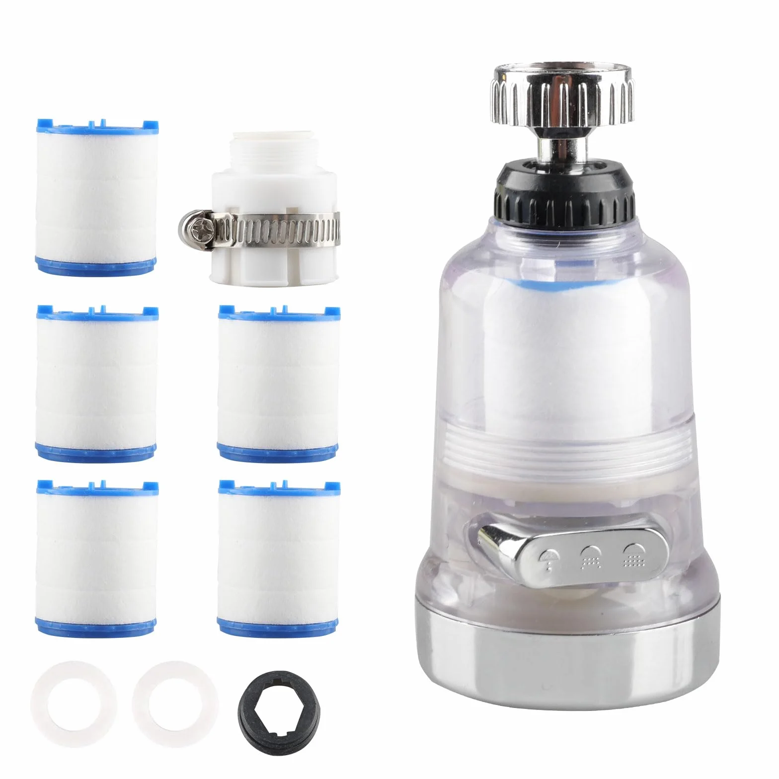 Filtr do wody, kran z obrotowym filtrem o 360°, 5 szt., bawełna PP, element filtrujący i uniwersalny adapter, odkamieniacz, nasadka do zlewu, kuchni, łazienki