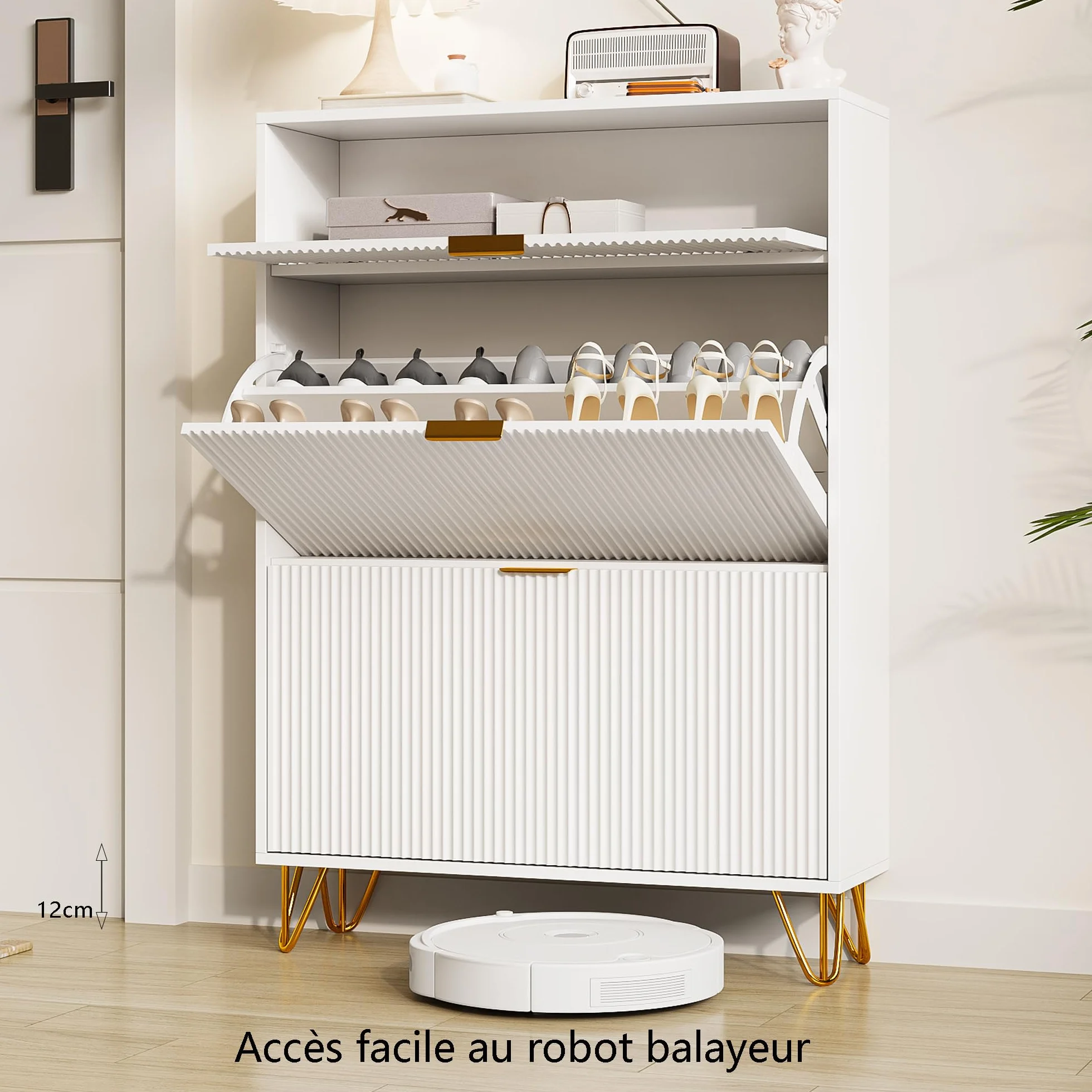 KeepGoon Szafka na buty 80x24x118,5 cm 1 szuflada 2 drzwi biały metalowe nogi