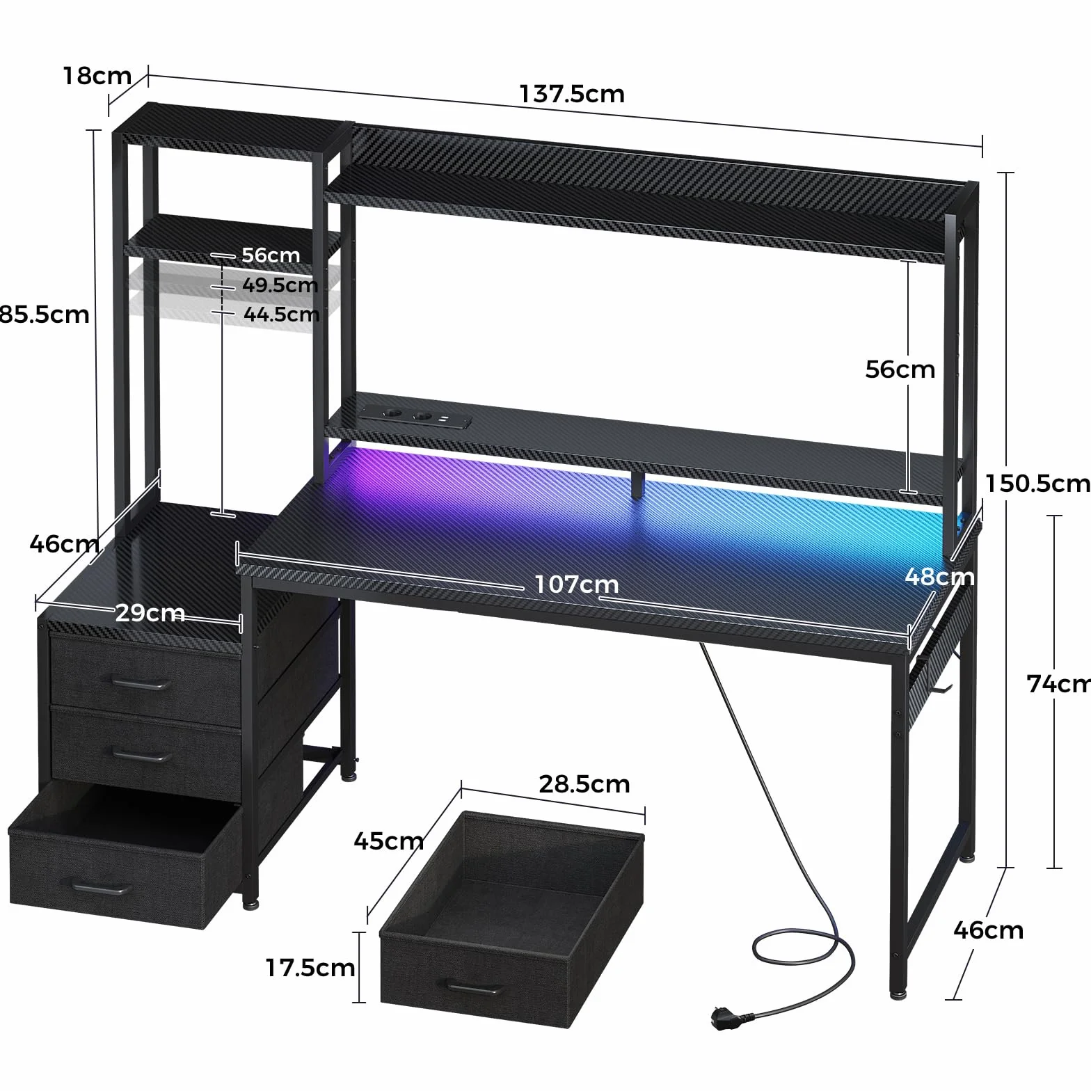 Coleshome Biurko Gamingowe z Półką i Szufladami, Oświetlenie LED, 137×48 cm Czarny Węglowy
