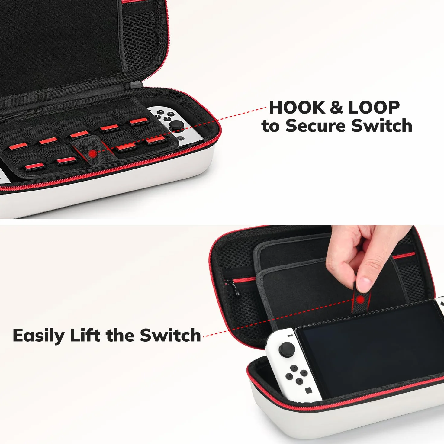Younik pokrowiec na NS Switch/Switch OLED – ulepszona wersja twardy pokrowiec podróżny z dużą ilością miejsca na 19 gier i inne akcesoria NS Switch – czerwony i biały