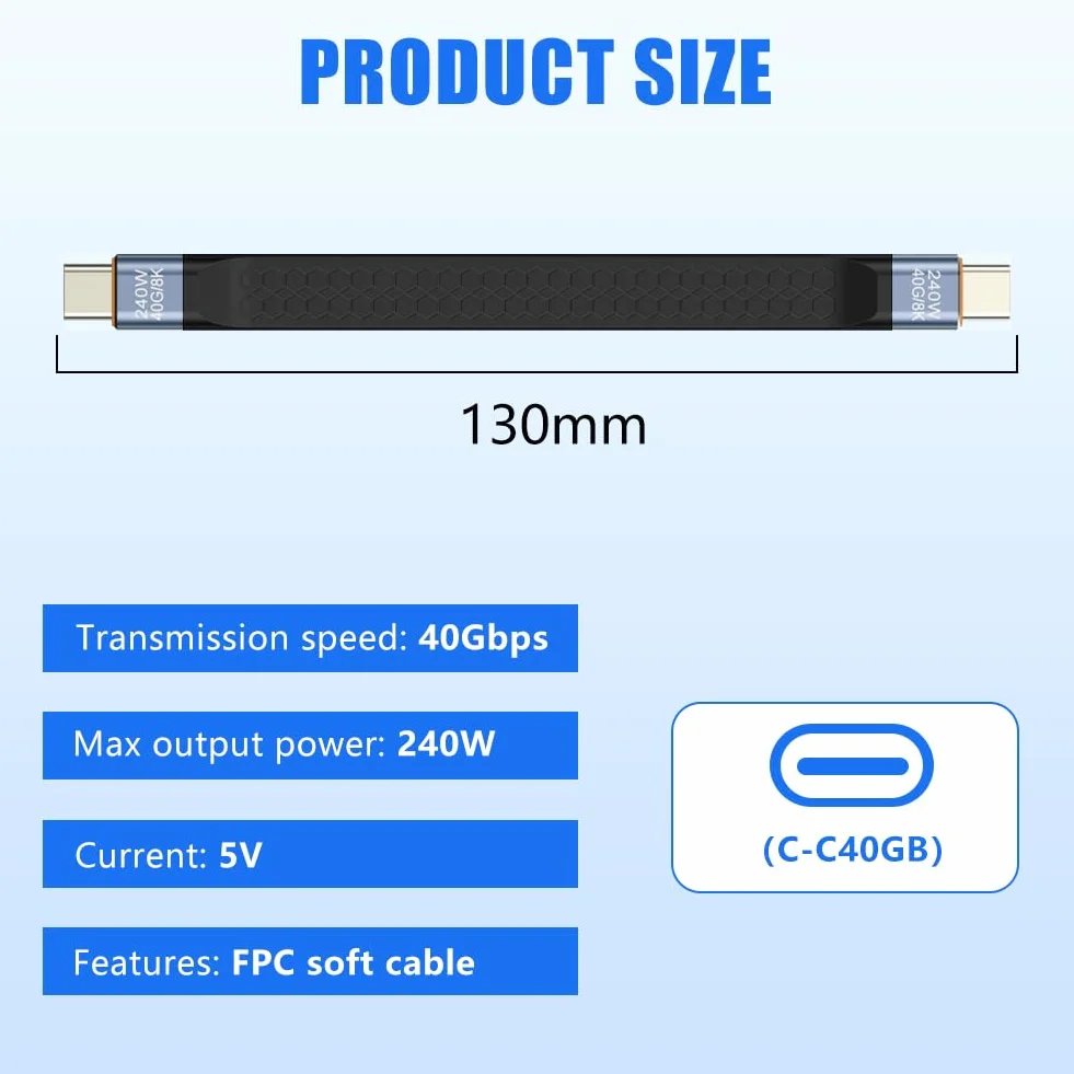 Krótki kabel USB C 13 cm, przenośny brelok, 240 W typ C męski na męski 40 Gbps szybkie ładowanie transfer danych miękki kabel FPC do telefonów iPada Tablet Urządzenie - czarny