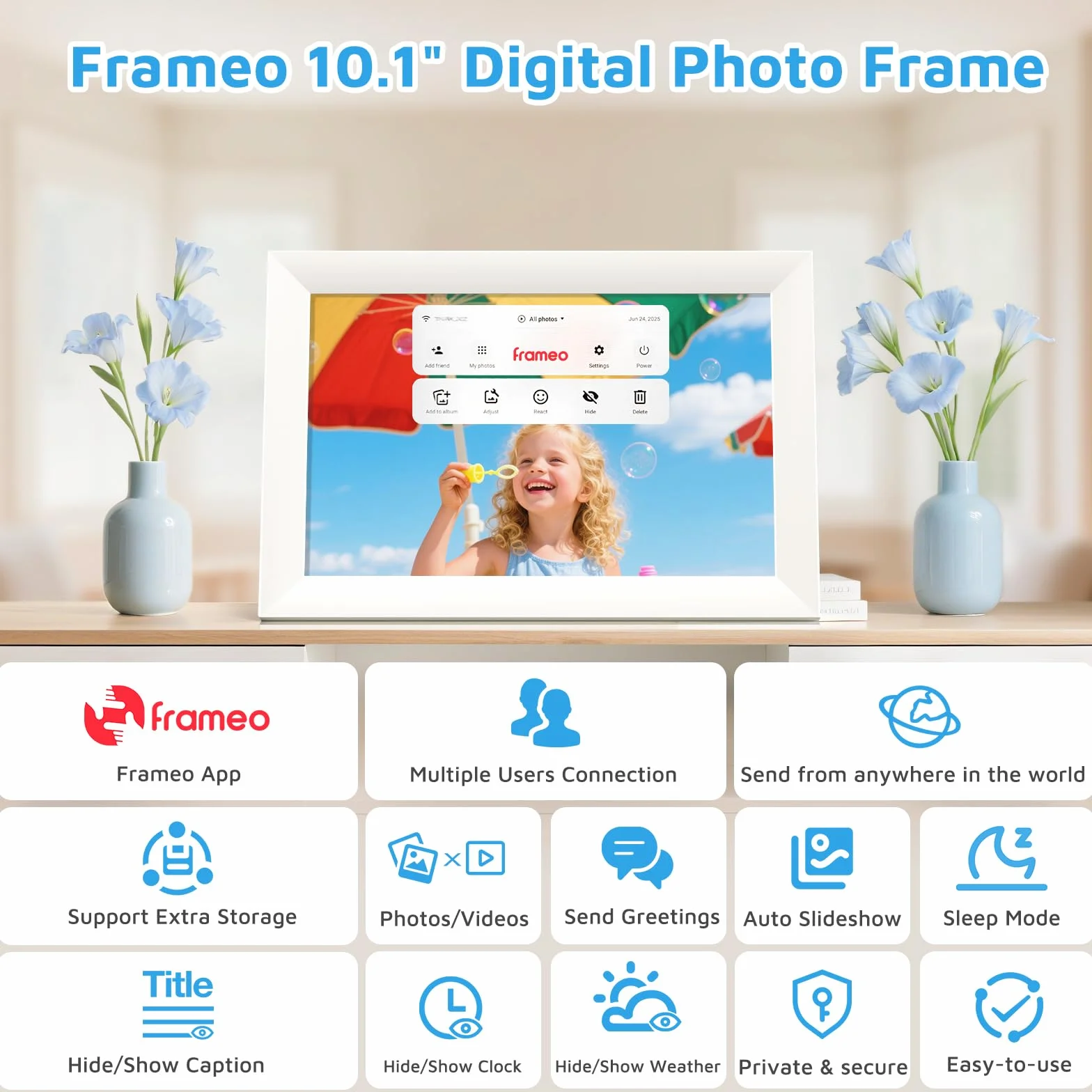 10,1-calowa cyfrowa ramka na zdjęcia WLAN Cyfrowa ramka na zdjęcia HD 1280*800 IPS z ekranem dotykowym Elektroniczna ramka na zdjęcia z pamięcią 32 GB, automatycznym obracaniem, łatwym udostępnianie