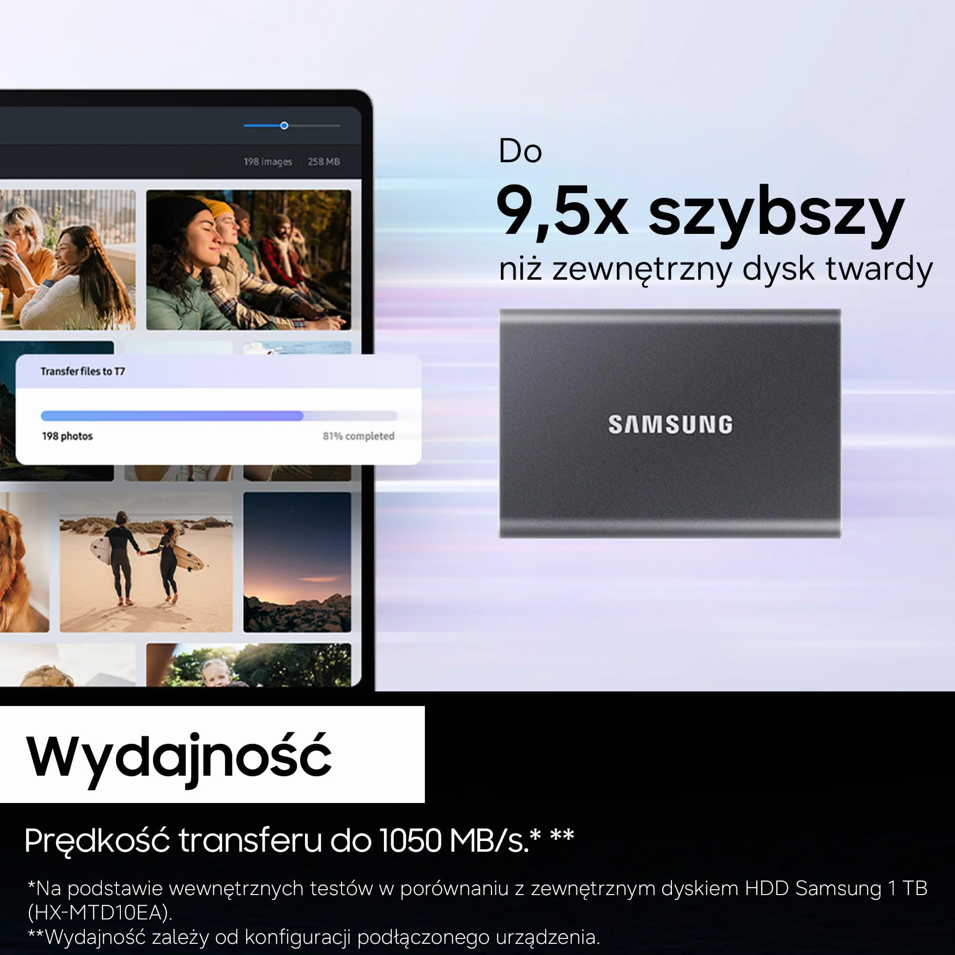 Przenośny dysk SSD Samsung T7, 2 TB, USB 3.2 Gen 2, odczyt 1050 MB/s, zapis 1000 MB/s, zewnętrzny SSD do iPhone'a 15+, komputerów Mac i PC, smartfonów i konsol do gier, niebieski, MU-PC2T0H/WW