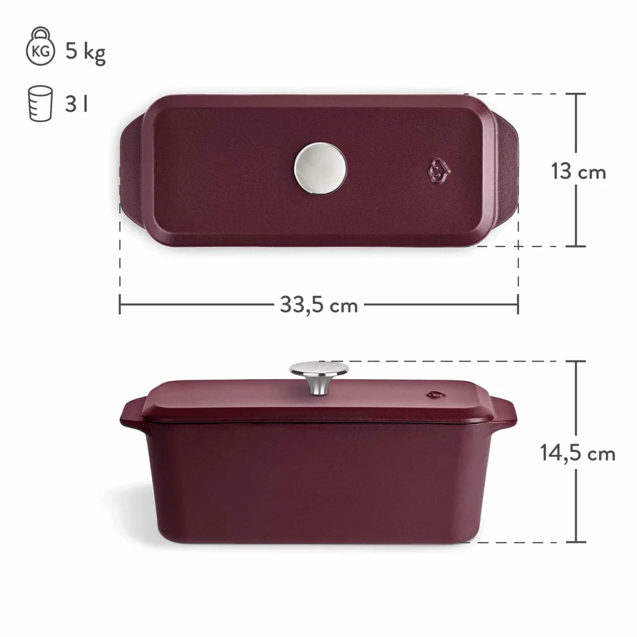 Springlane Kitchen Żeliwna forma do pieczenia chleba z pokrywką, 3 l, emaliowana forma do pieczenia soczystego chleba, pasztetów i zapiekanek, wytrzymała żeliwna brytfanna 33,5 x 13 cm, czerwona