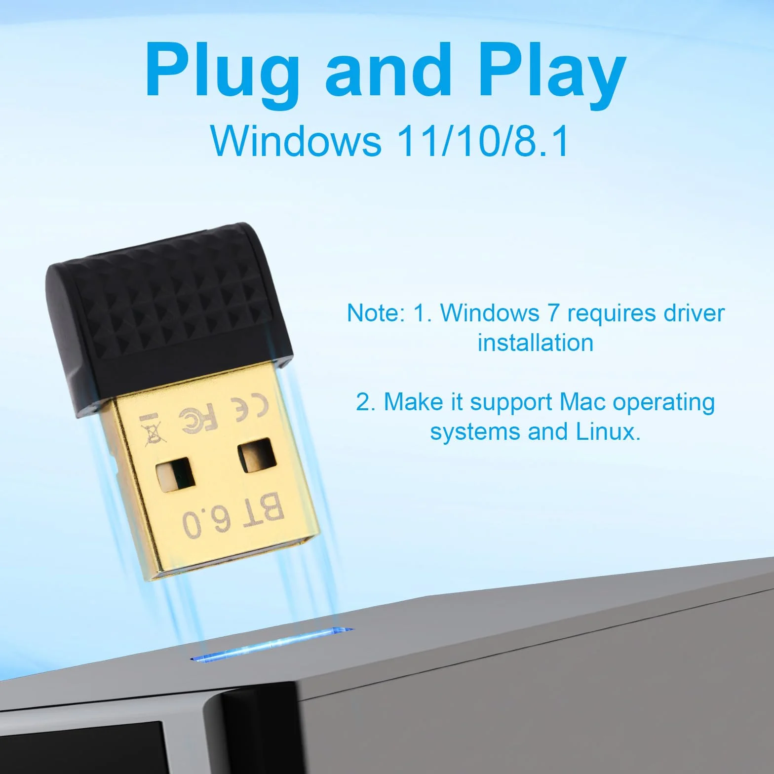Adapter USB Bluetooth 6.0, Bezprzewodowy Klucz Sprzętowy Bluetooth Plug and Play dla Systemów Windows 11/10/8.1 Obsługuje Połączenie Wielu Urządzeń ze Słuchawkami Klawiaturą Komputerem i Telefonami