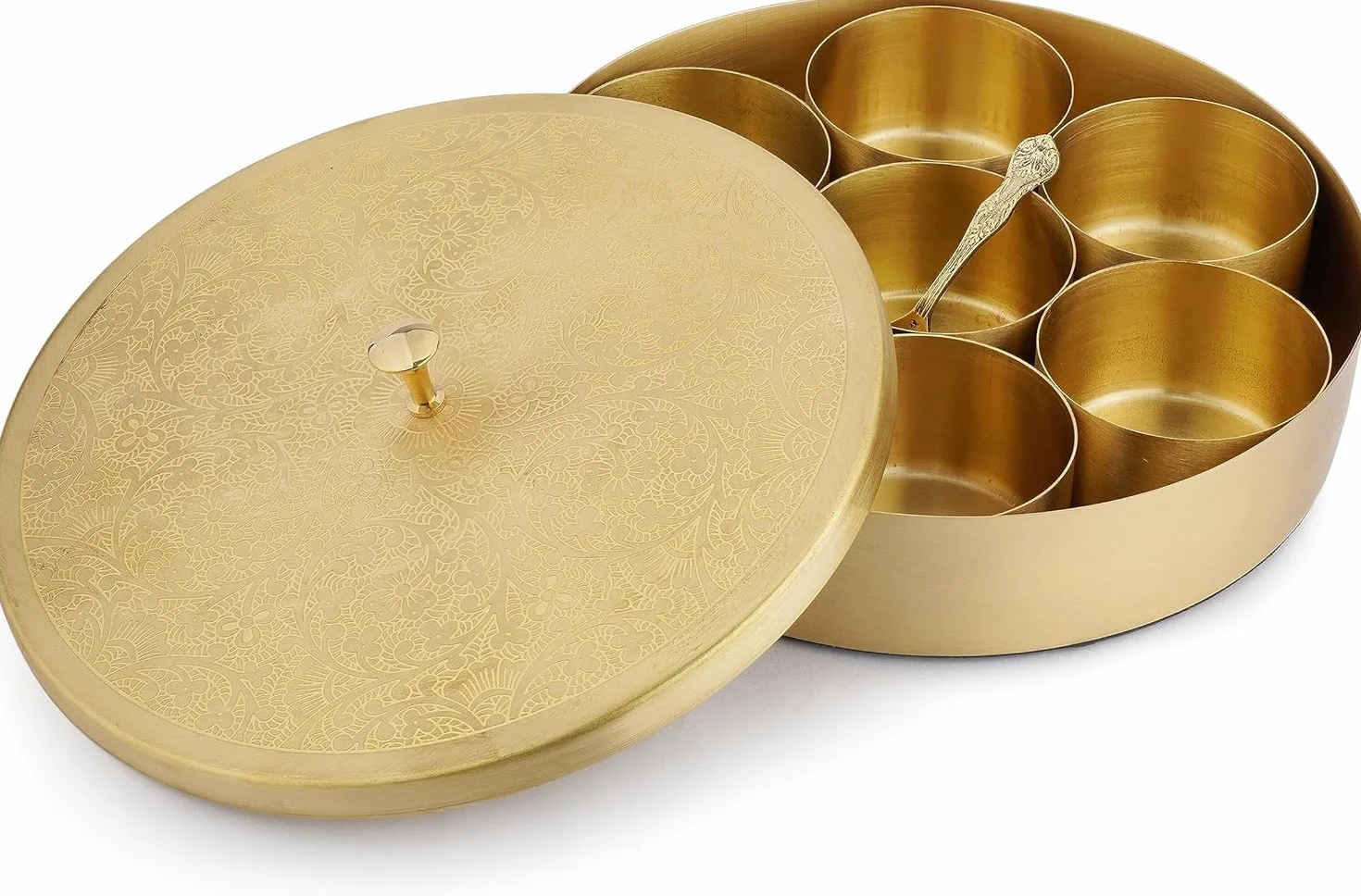 Eleganckie pozłacane metalowe pudełko na przyprawy, elegancka masala dabba z pokrywką, tradycyjny organizer kuchenny na przyprawy i suszone owoce