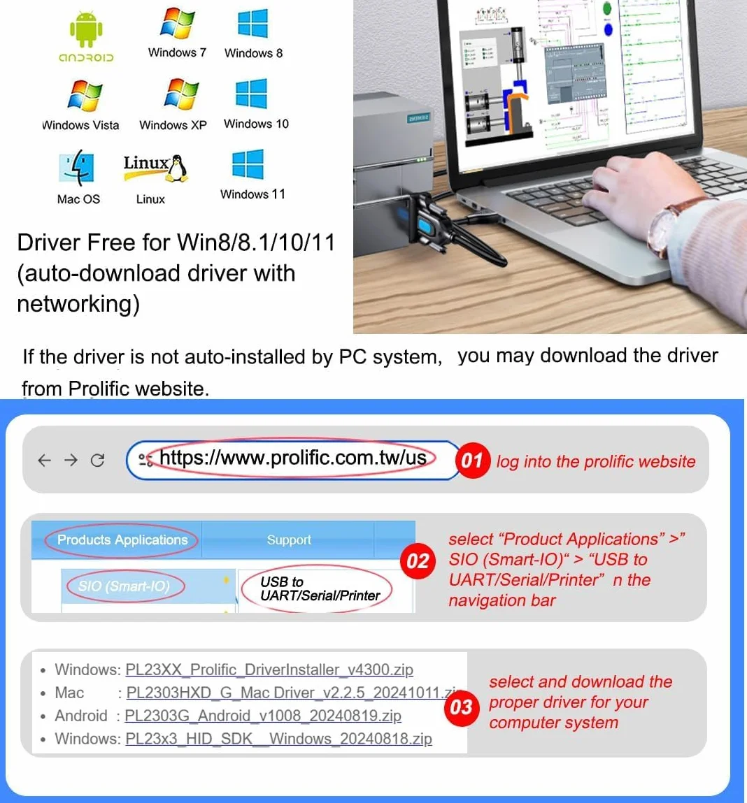 DTECH Adapter USB na szeregowy DB9 RS232 kabel Prolific Chip PL2303 DB9 wtyczka kabel kompatybilny z Windows 11 10 8 7 Mac Linux (2M)
