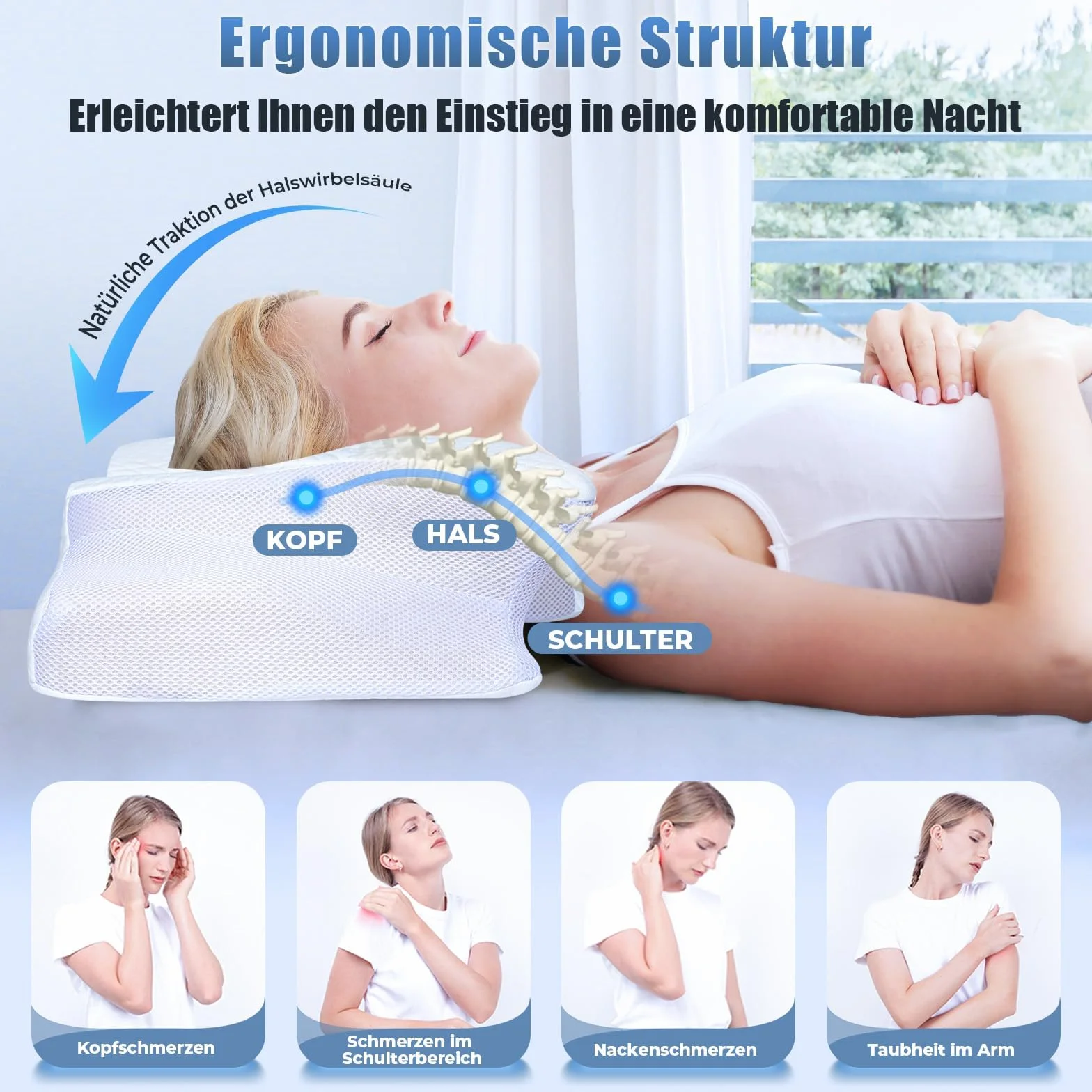 Poduszka ortopedyczna pod szyję 2 w 1 Ergonomiczna z pianki memory 60x35,5x13/11cm Biały