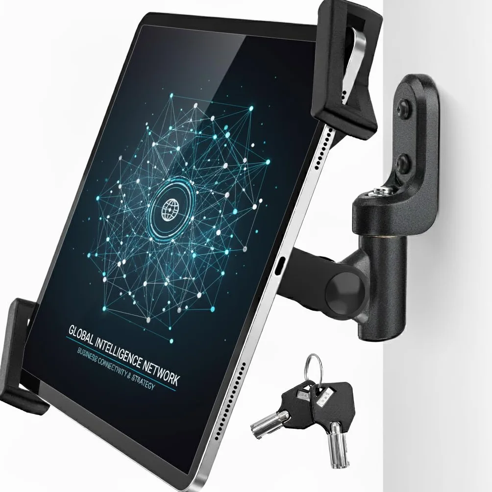 AboveTEK Odporny na kradzież uchwyt ścienny na tablet, uniwersalny stojak na tablet POS, ukośnie ustawiony uchwyt na iPada z zamkiem do iPadów 7-13", czarny